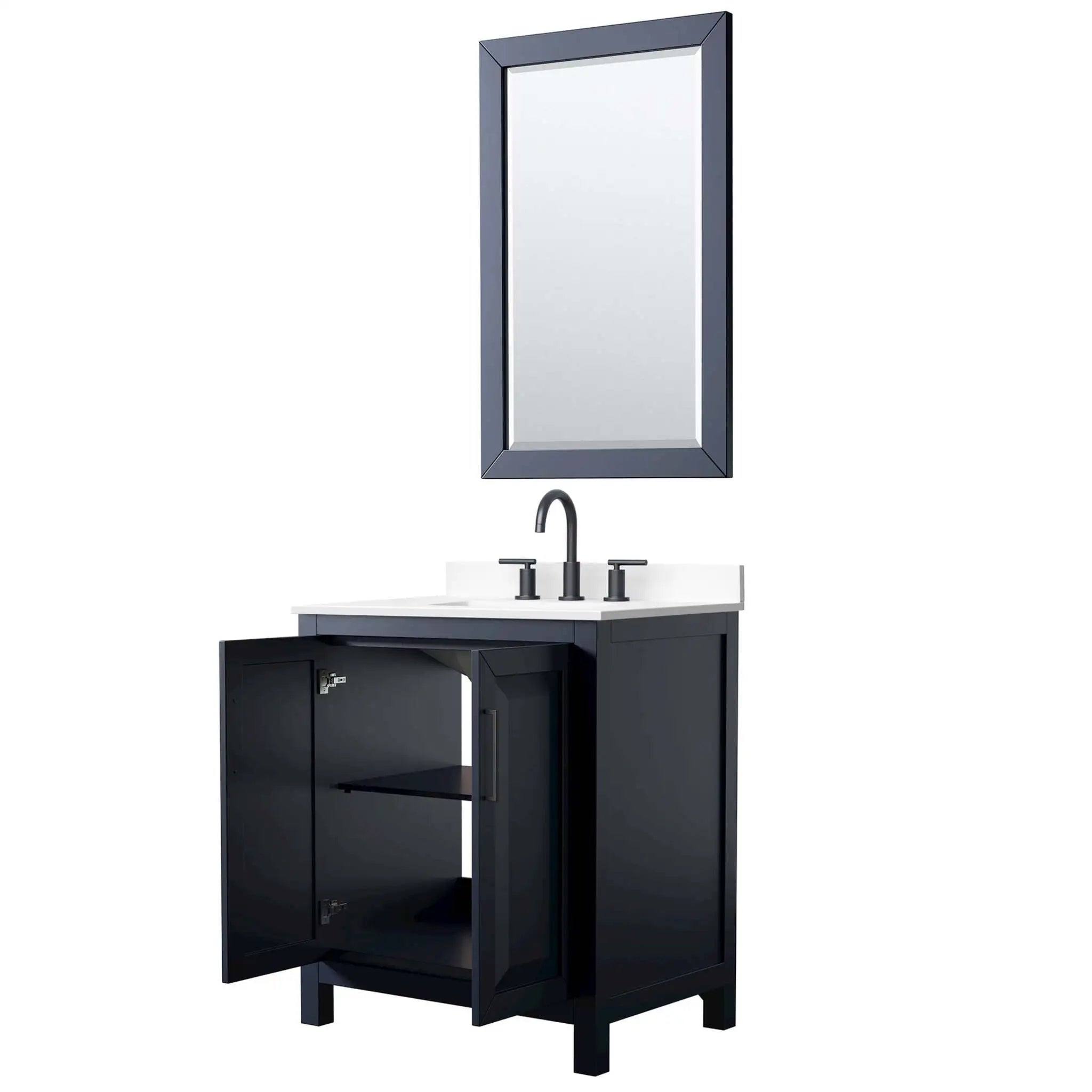 30" Daria Single Bathroom Vanity in Dark Blue with Matte Black Trim & 24" Mirror by Wyndham