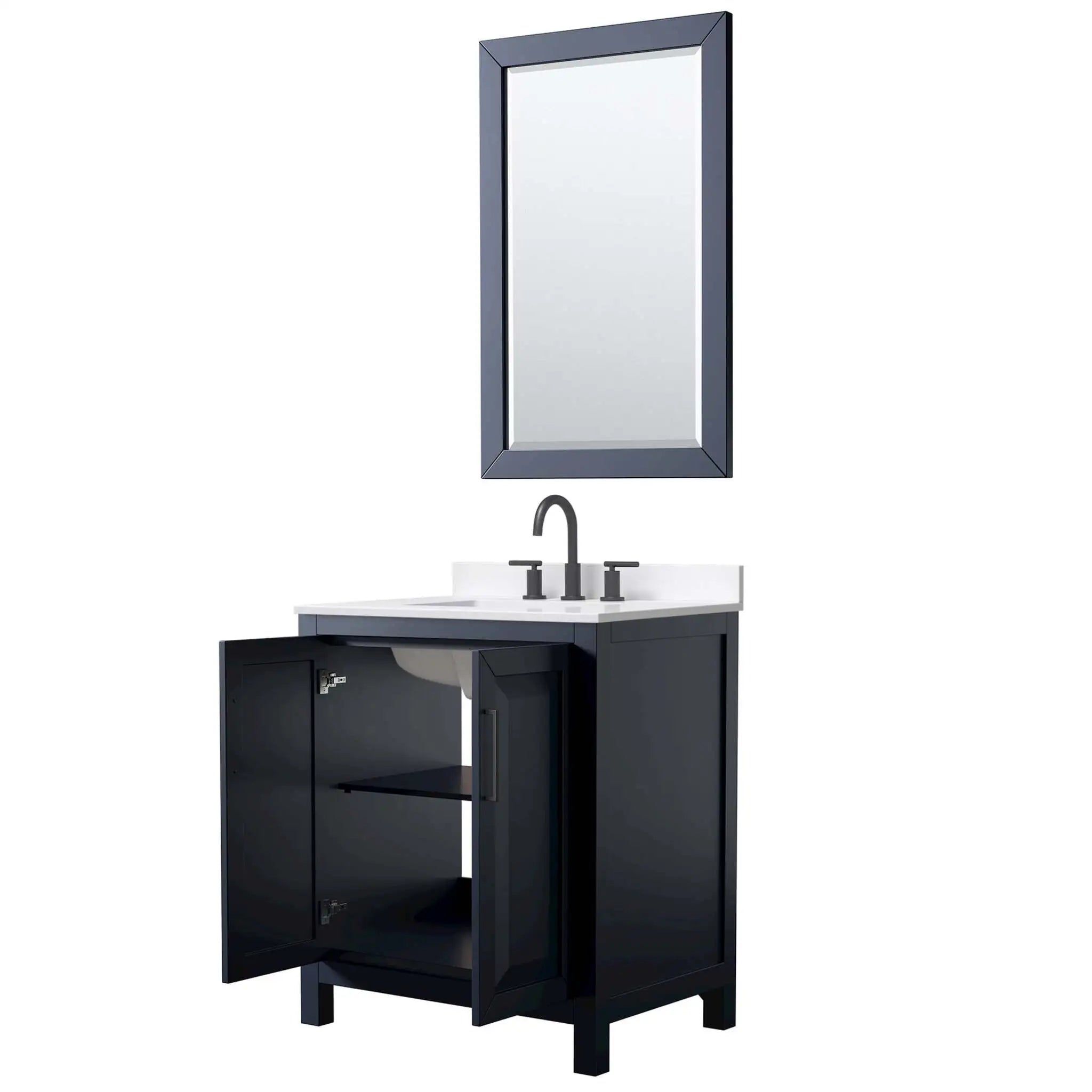 30" Daria Single Bathroom Vanity in Dark Blue with Matte Black Trim & 24" Mirror by Wyndham