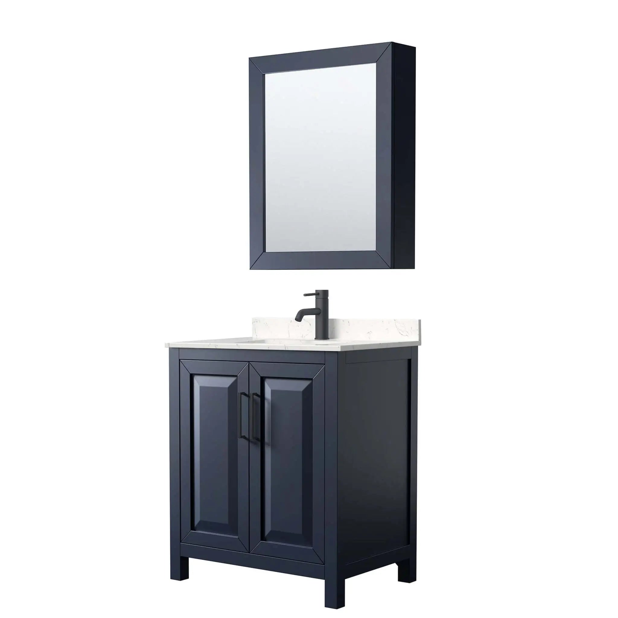 30" Daria Single Bathroom Vanity in Dark Blue with Matte Black Trim & Medicine Cabinet by Wyndham
