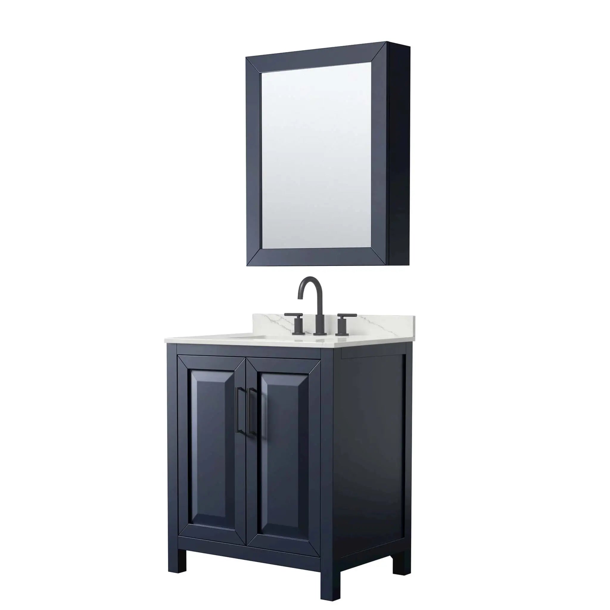 30" Daria Single Bathroom Vanity in Dark Blue with Matte Black Trim & Medicine Cabinet by Wyndham