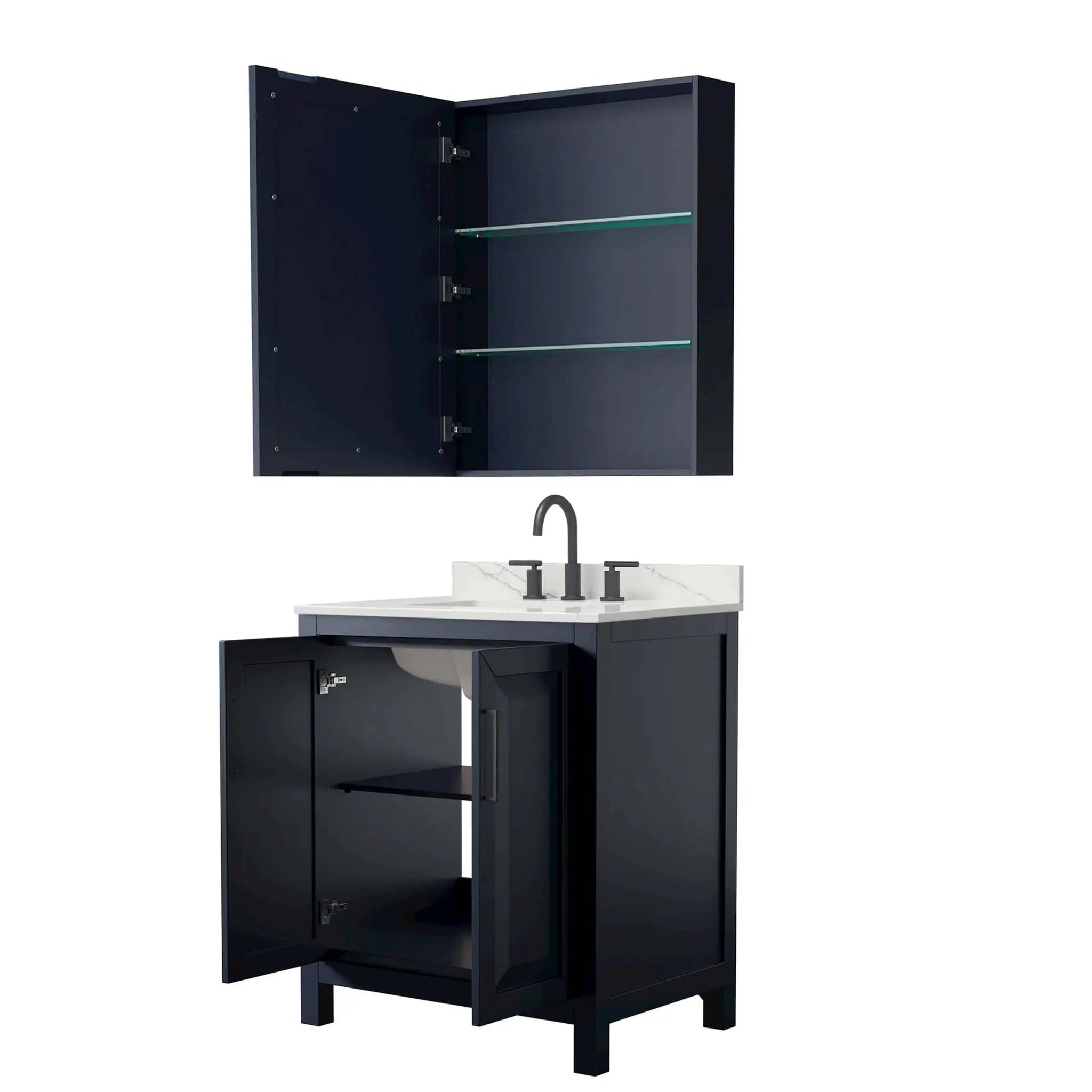 30" Daria Single Bathroom Vanity in Dark Blue with Matte Black Trim & Medicine Cabinet by Wyndham