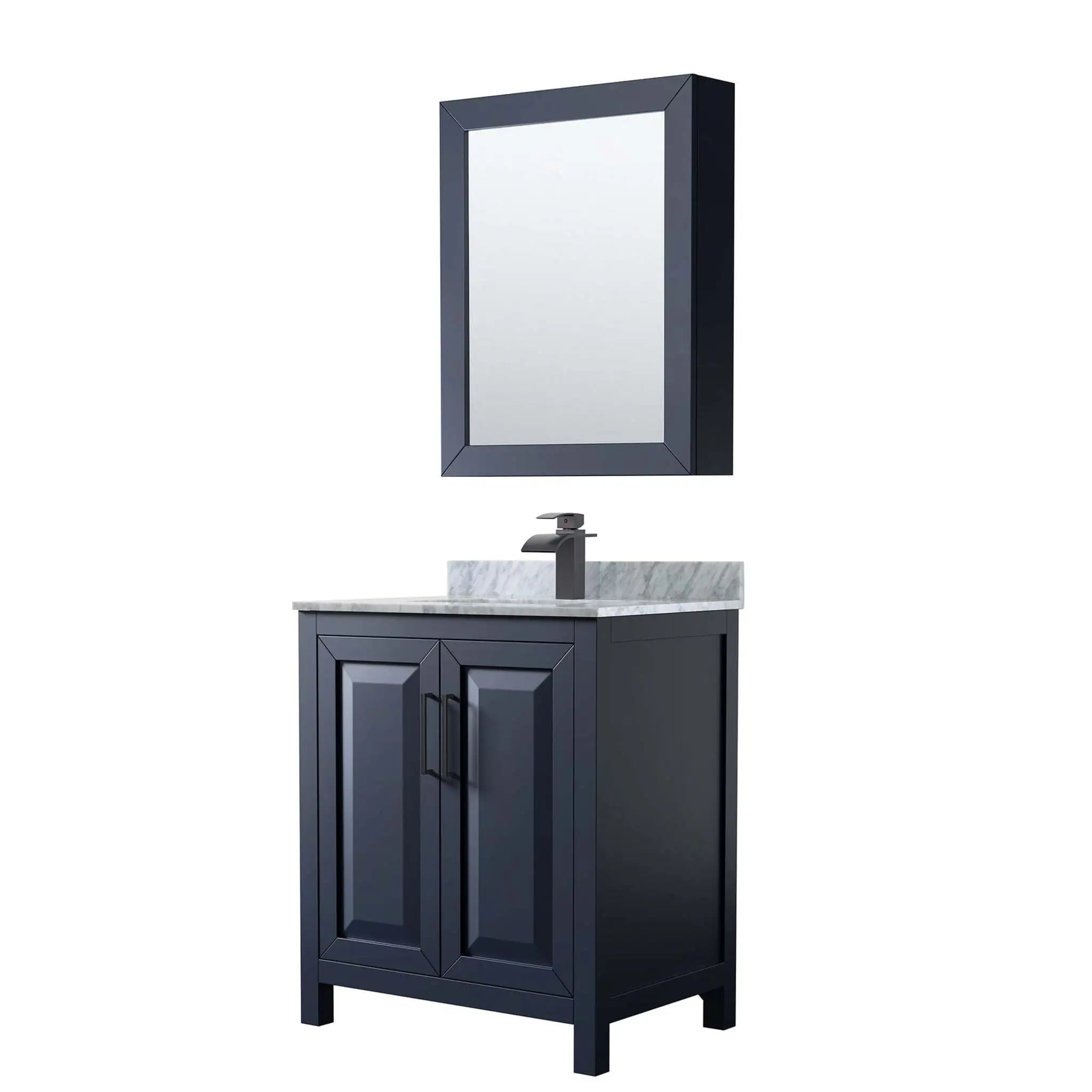 30" Daria Single Bathroom Vanity in Dark Blue with Matte Black Trim & Medicine Cabinet by Wyndham