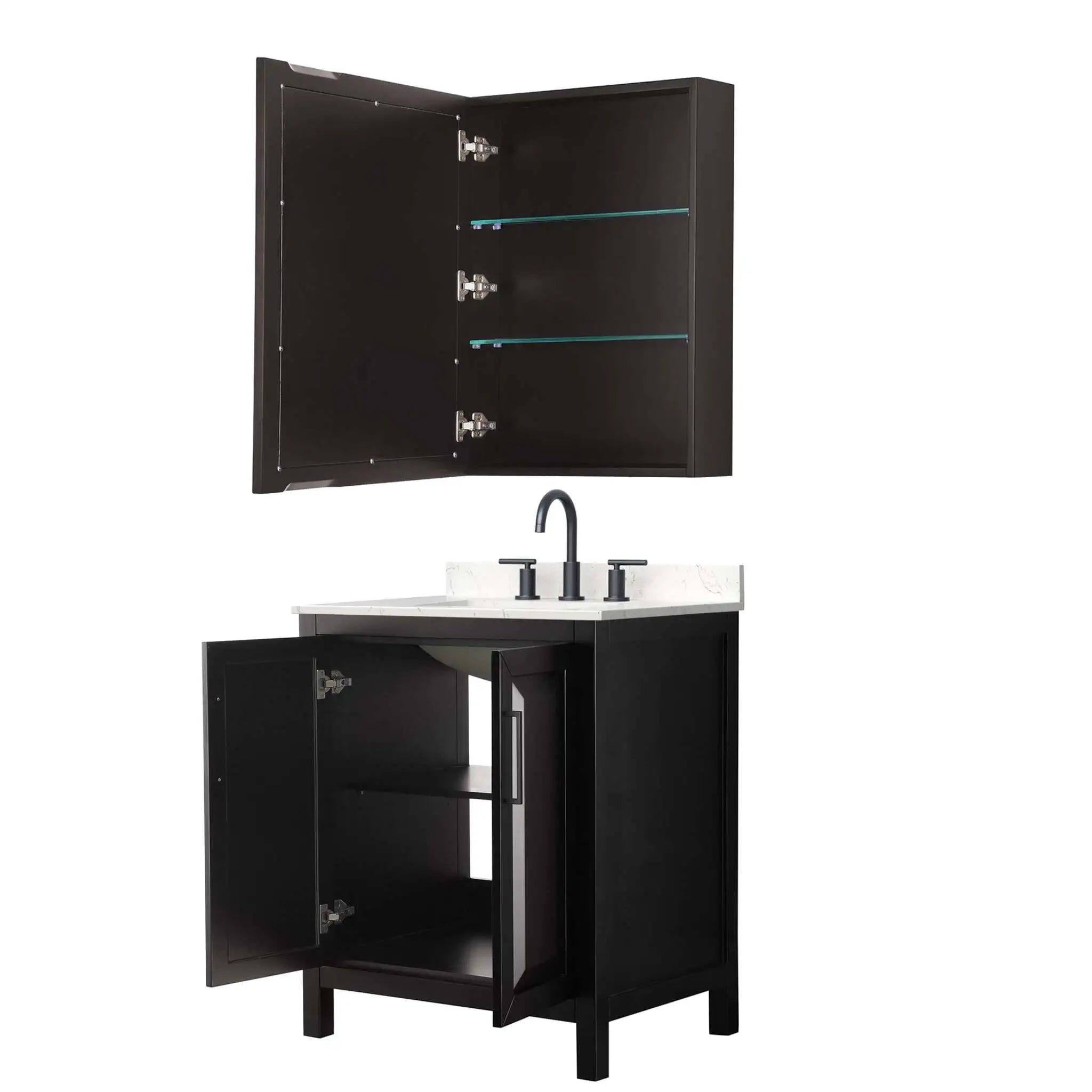 30" Daria Single Bathroom Vanity in Dark Espresso with Matte Black Trim & Medicine Cabinet by Wyndham