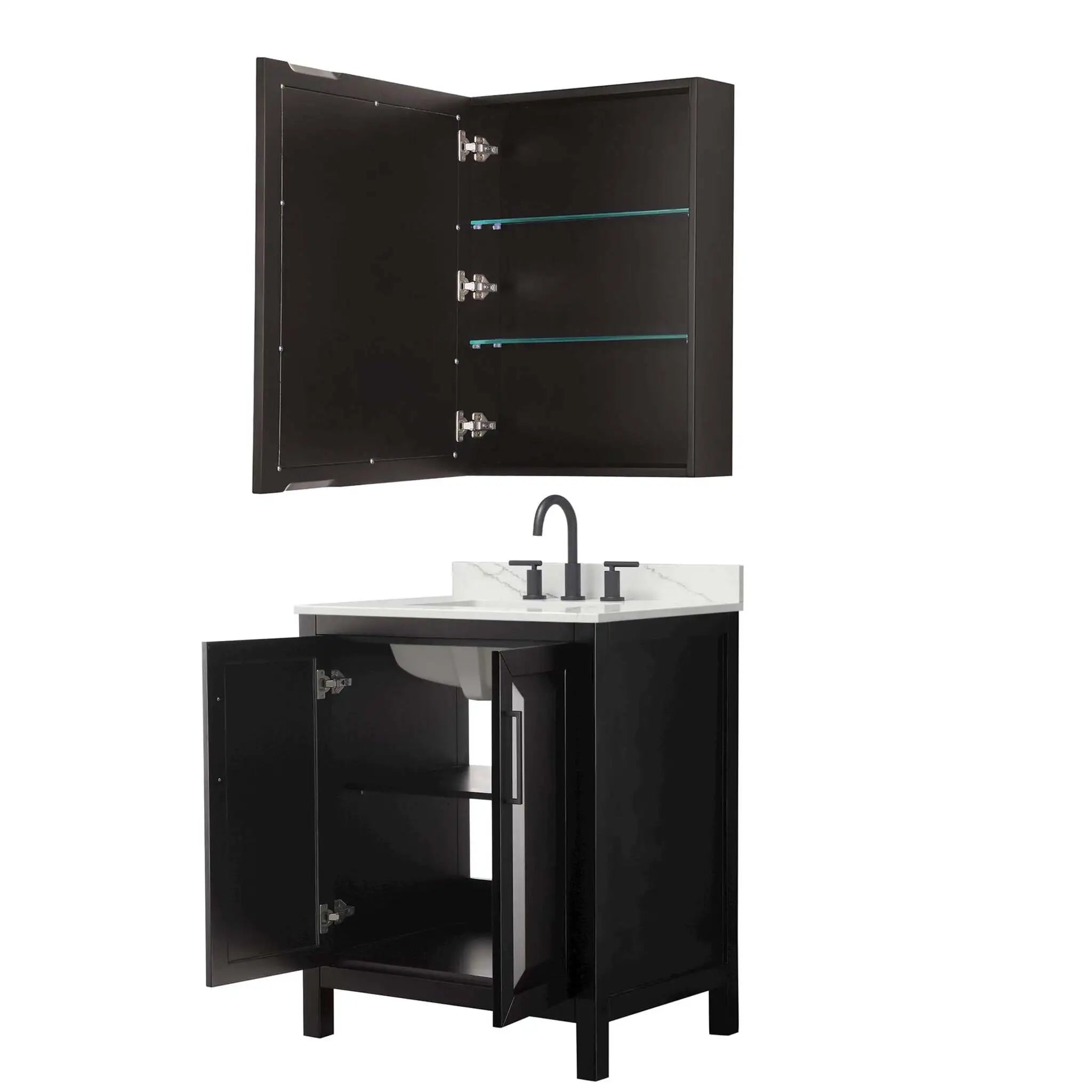 30" Daria Single Bathroom Vanity in Dark Espresso with Matte Black Trim & Medicine Cabinet by Wyndham