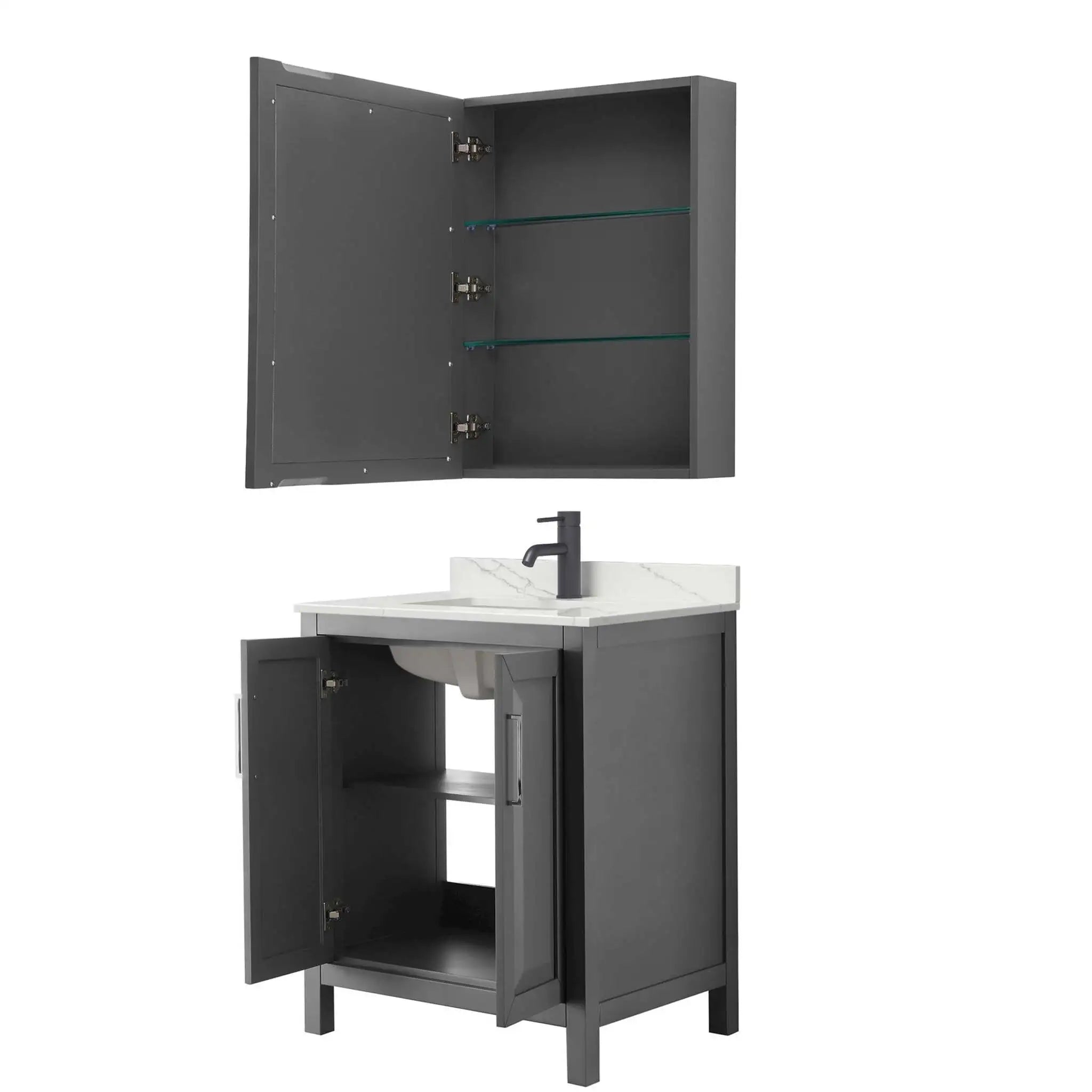 30" Daria Single Bathroom Vanity in Dark Gray with Matte Black Trim & Medicine Cabinet by Wyndham