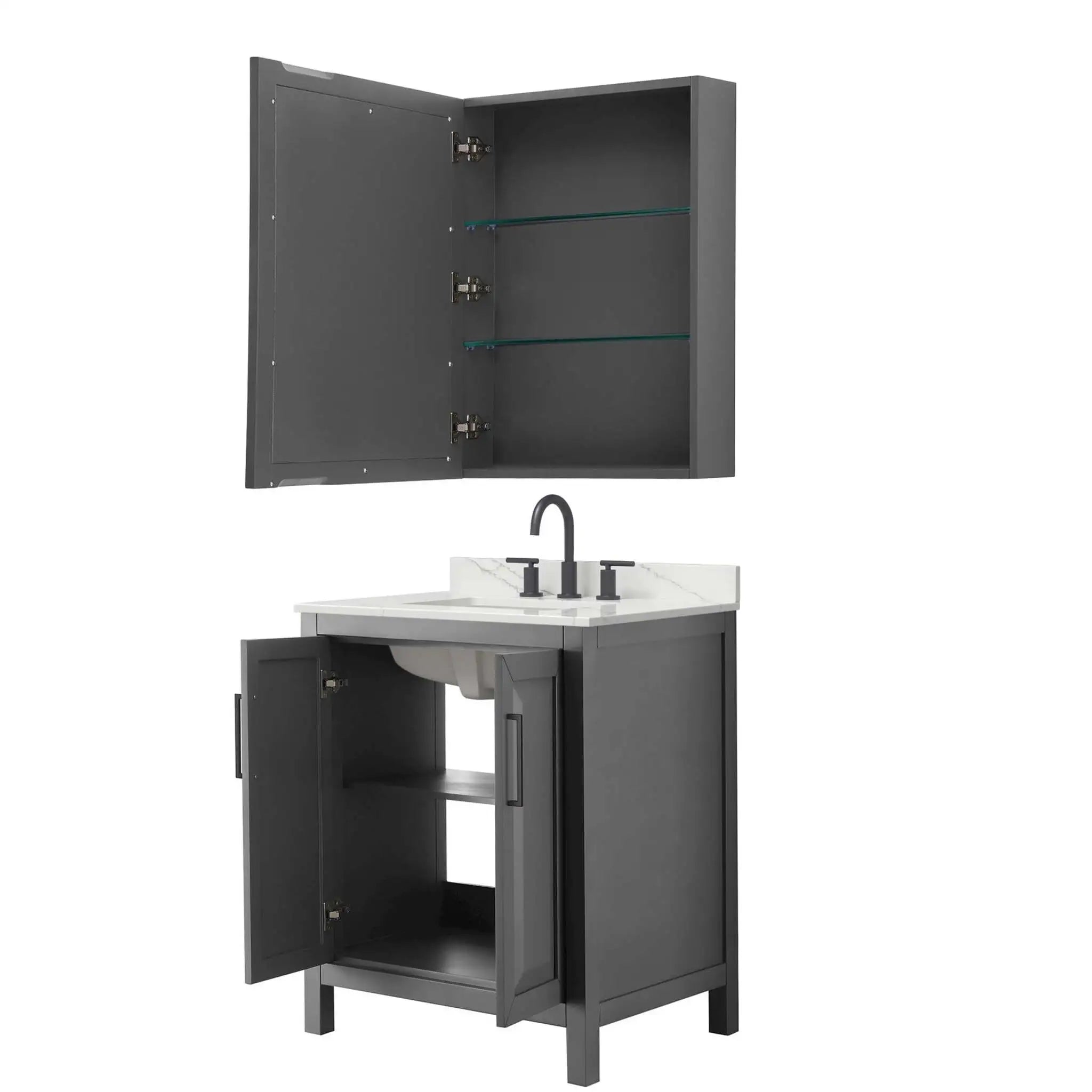 30" Daria Single Bathroom Vanity in Dark Gray with Matte Black Trim & Medicine Cabinet by Wyndham