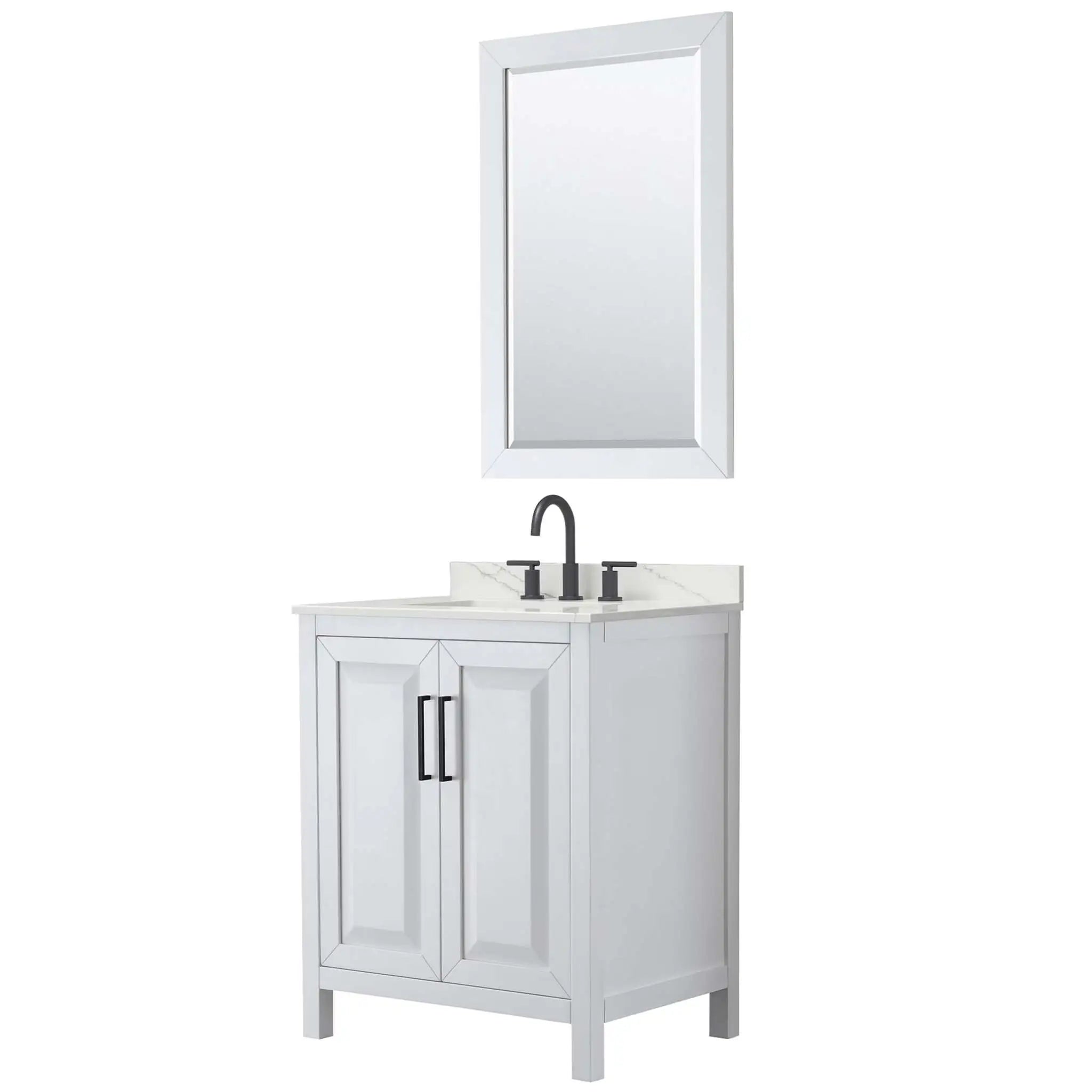 30" Daria Single Bathroom Vanity in White with Matte Black Trim & 24" Mirror by Wyndham