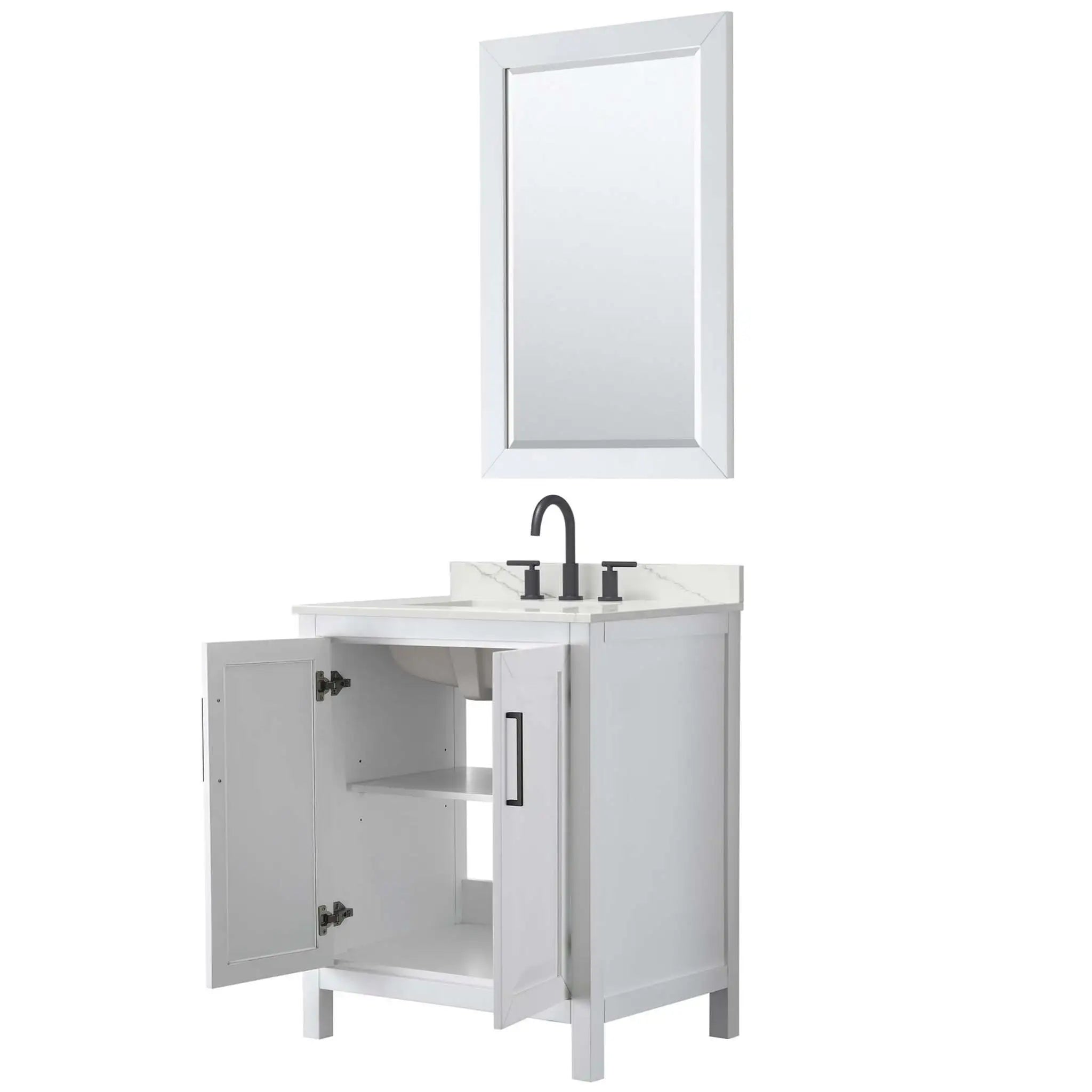 30" Daria Single Bathroom Vanity in White with Matte Black Trim & 24" Mirror by Wyndham