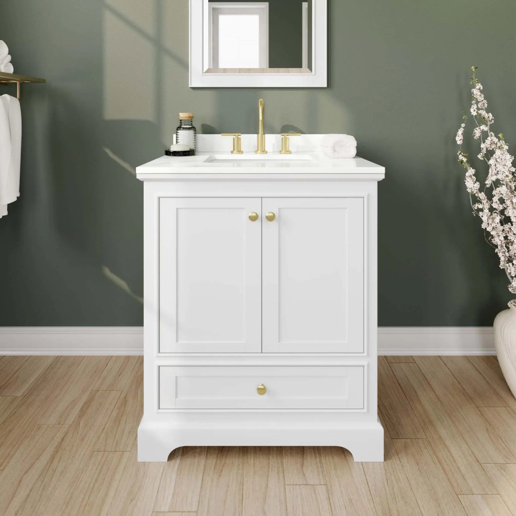 30" Deborah Single Bathroom Vanity in White with Brushed Gold Trim & 24" Mirror by Wyndham