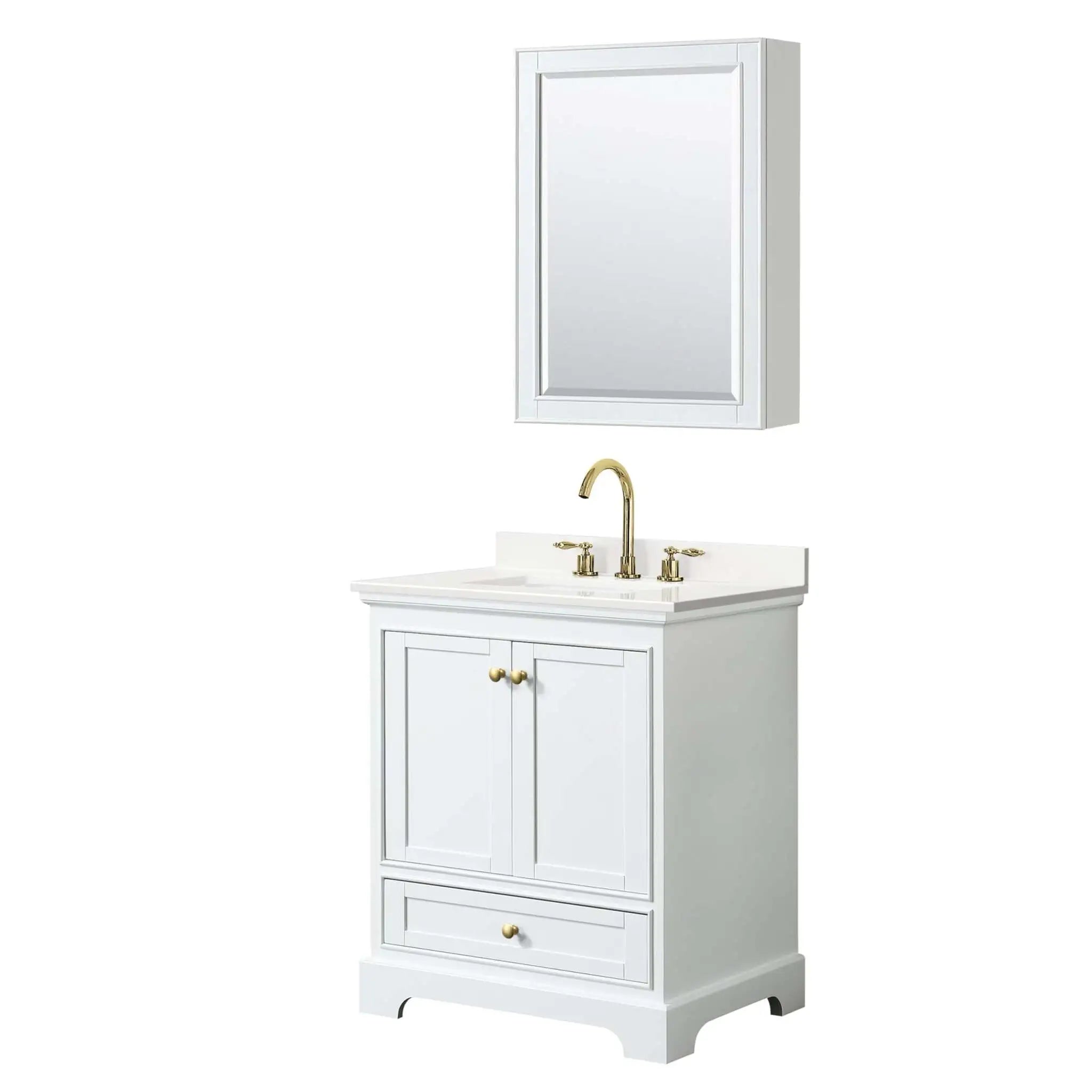 30" Deborah Single Bathroom Vanity in White with Brushed Gold Trim & Medicine Cabinet by Wyndham