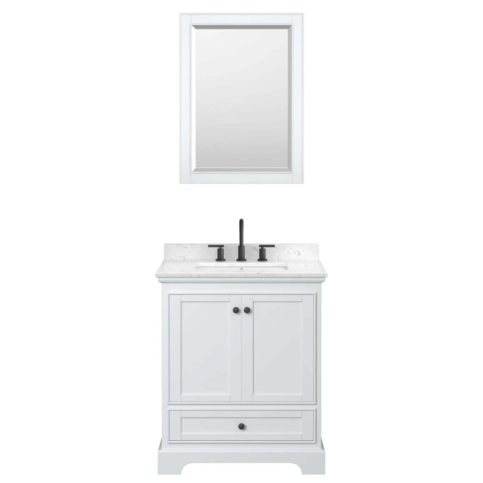 30" Deborah Single Bathroom Vanity in White with Matte Black Trim & 24" Mirror by Wyndham