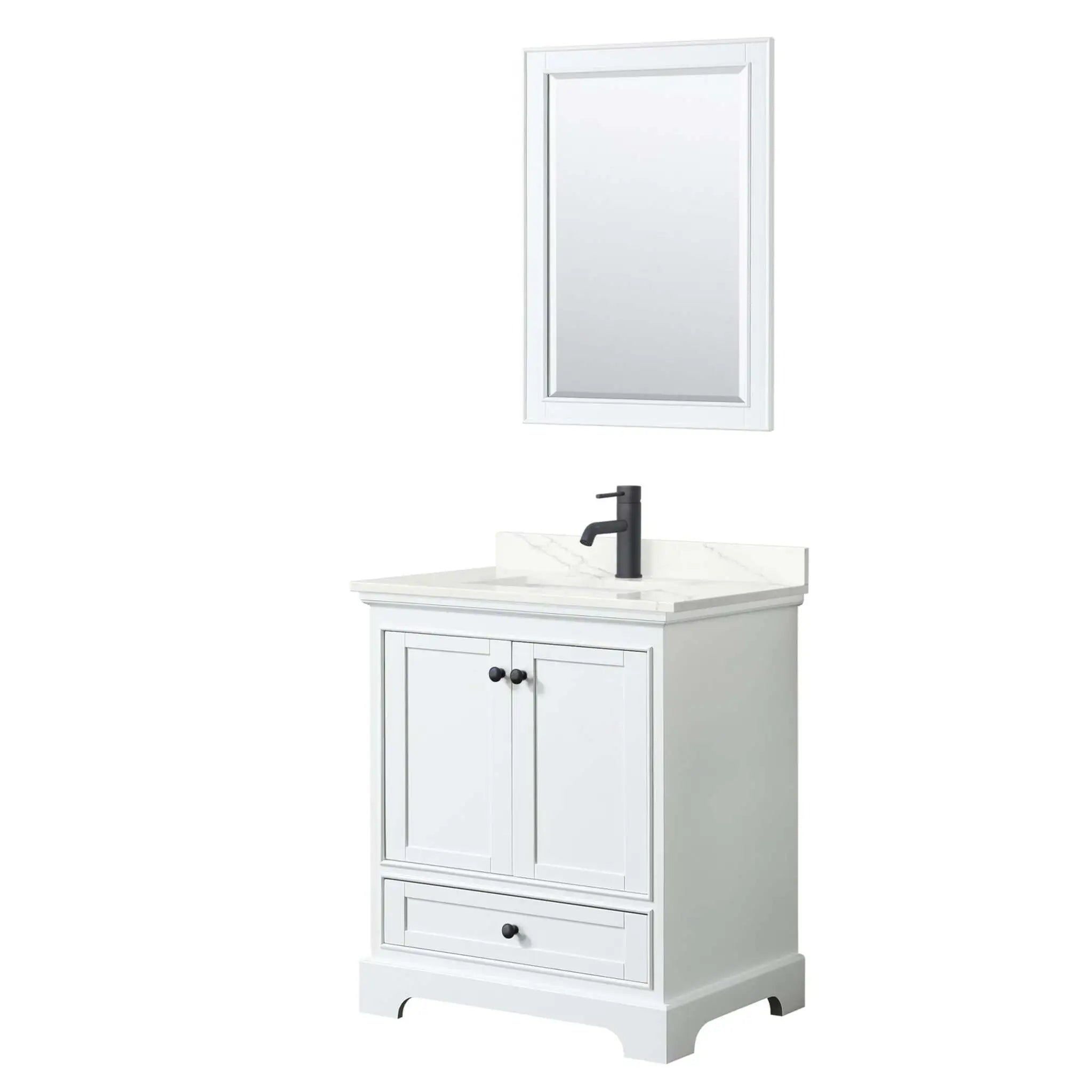 30" Deborah Single Bathroom Vanity in White with Matte Black Trim & 24" Mirror by Wyndham