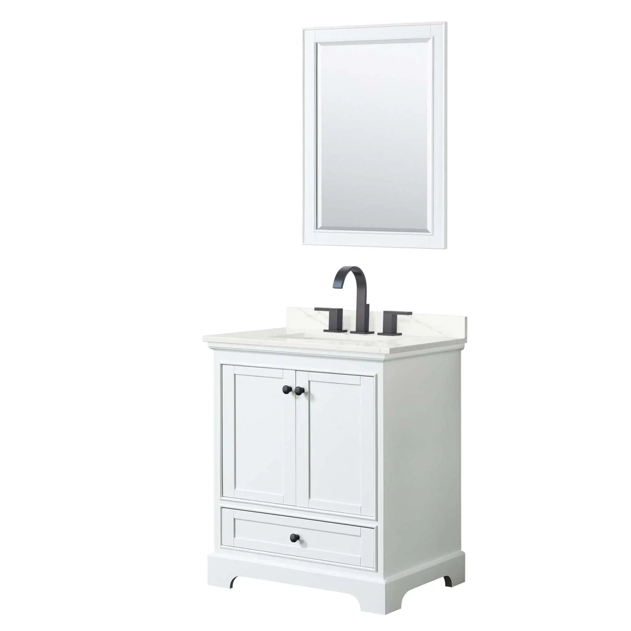 30" Deborah Single Bathroom Vanity in White with Matte Black Trim & 24" Mirror by Wyndham