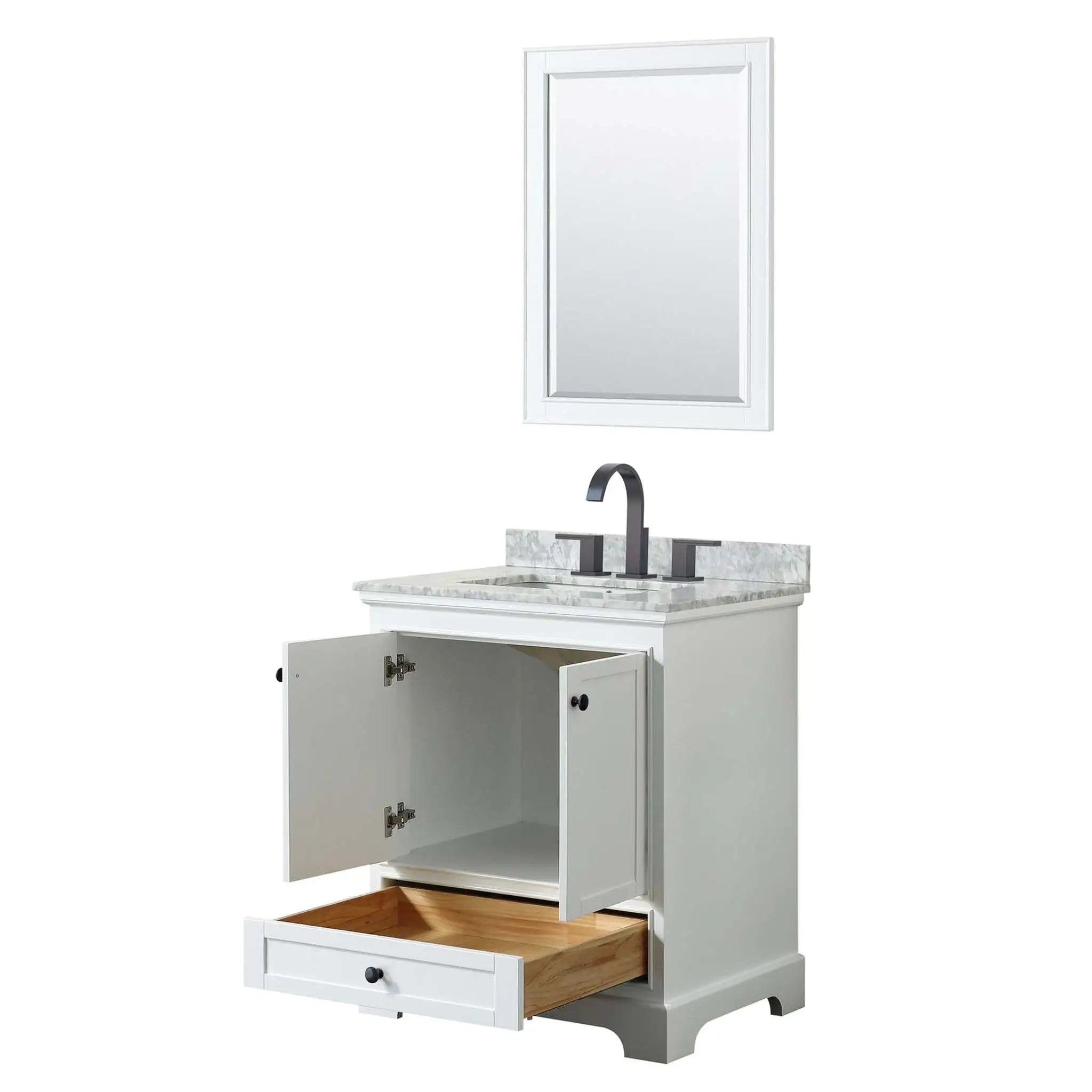 30" Deborah Single Bathroom Vanity in White with Matte Black Trim & 24" Mirror by Wyndham
