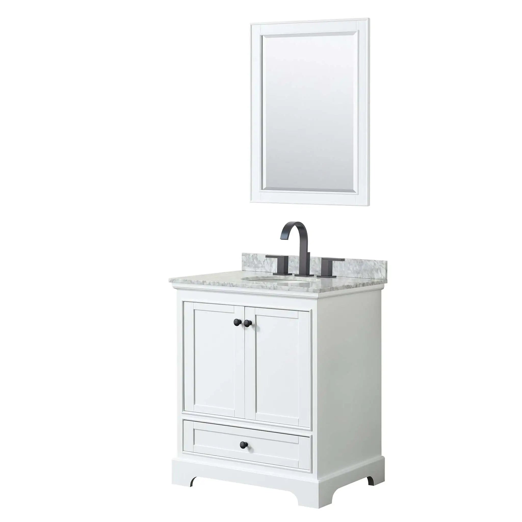 30" Deborah Single Bathroom Vanity in White with Matte Black Trim & 24" Mirror by Wyndham