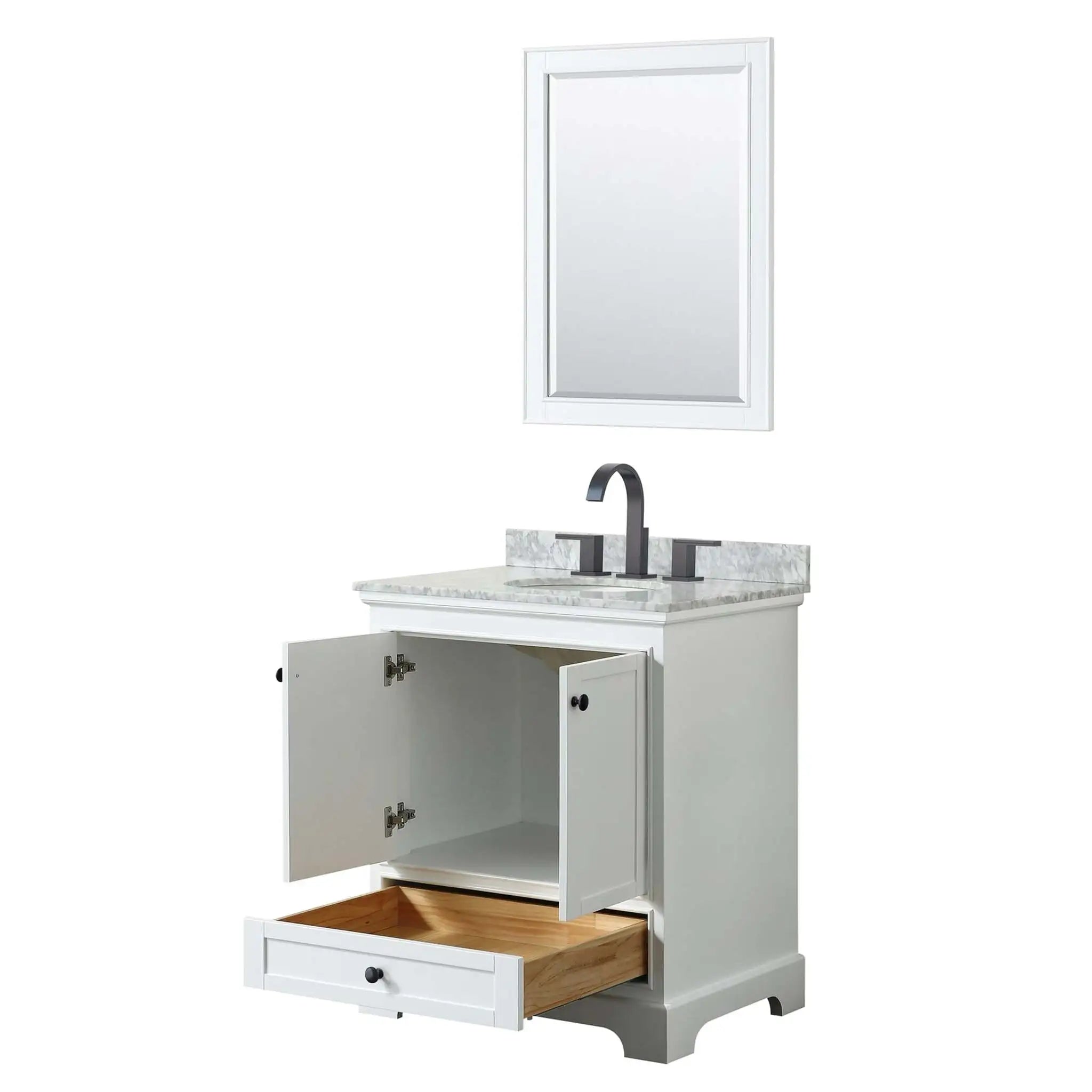 30" Deborah Single Bathroom Vanity in White with Matte Black Trim & 24" Mirror by Wyndham