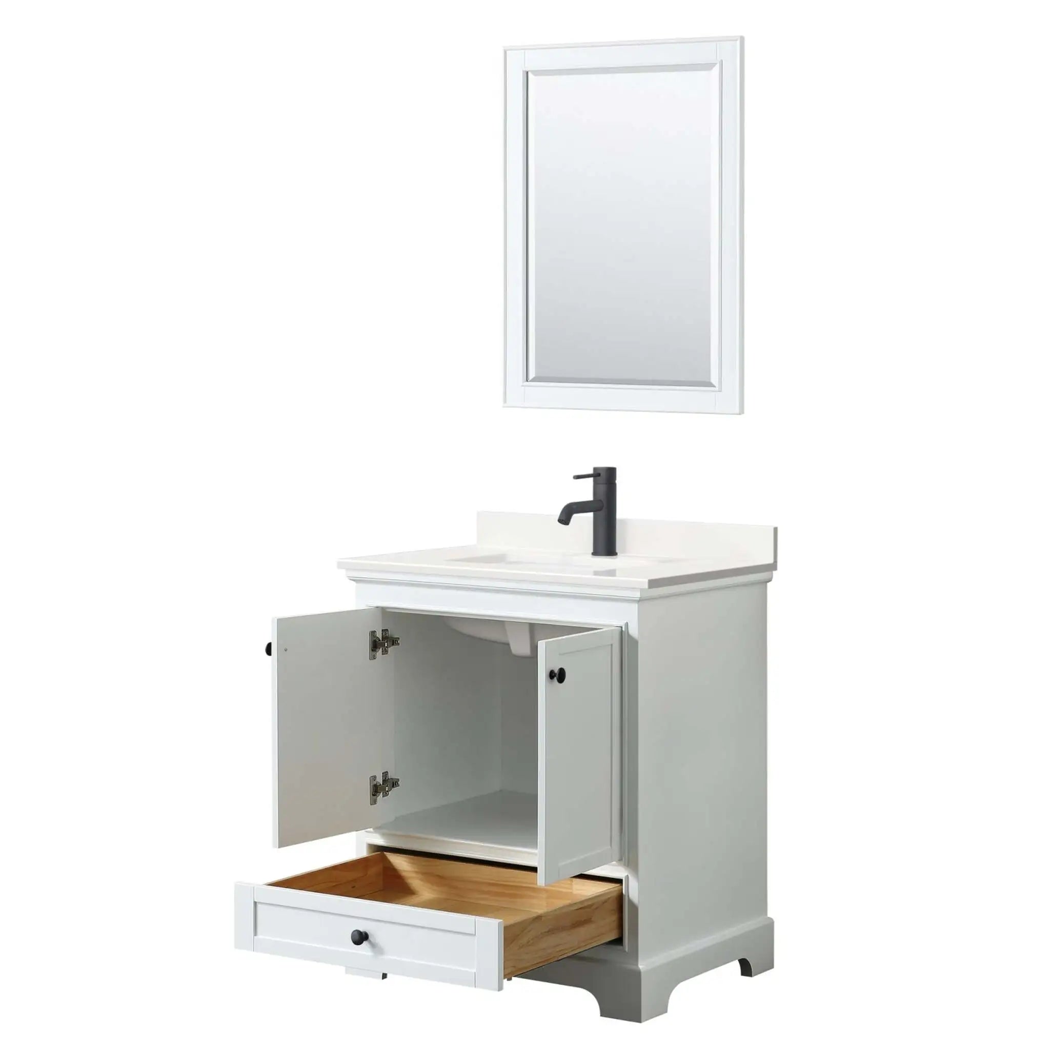 30" Deborah Single Bathroom Vanity in White with Matte Black Trim & 24" Mirror by Wyndham