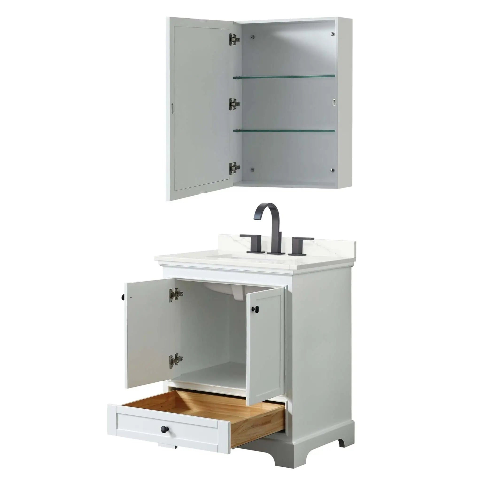 30" Deborah Single Bathroom Vanity in White with Matte Black Trim & Medicine Cabinet by Wyndham