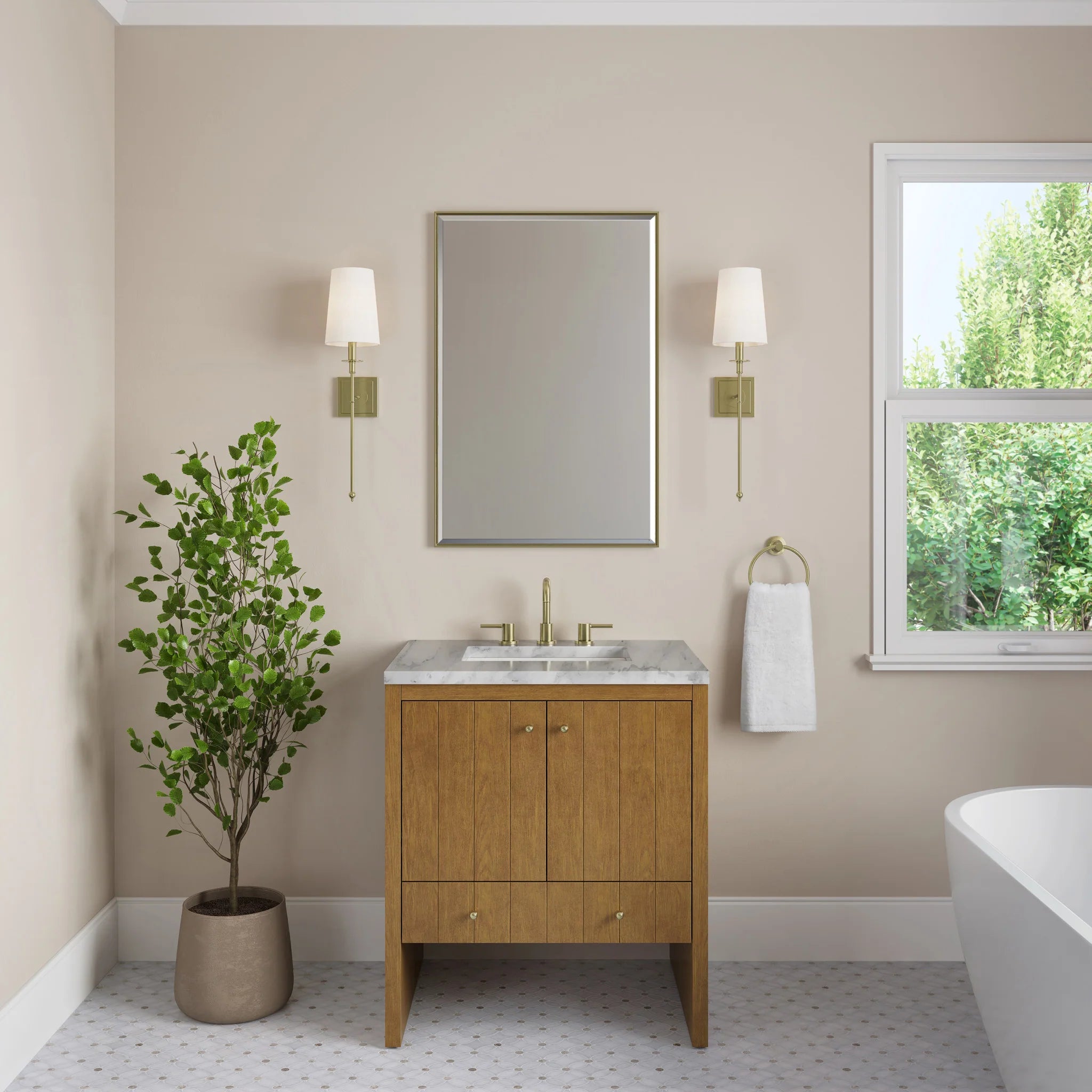 30" Hudson Single Vanity in Honey Oak by James Martin Vanities-Carrara White Marble 1