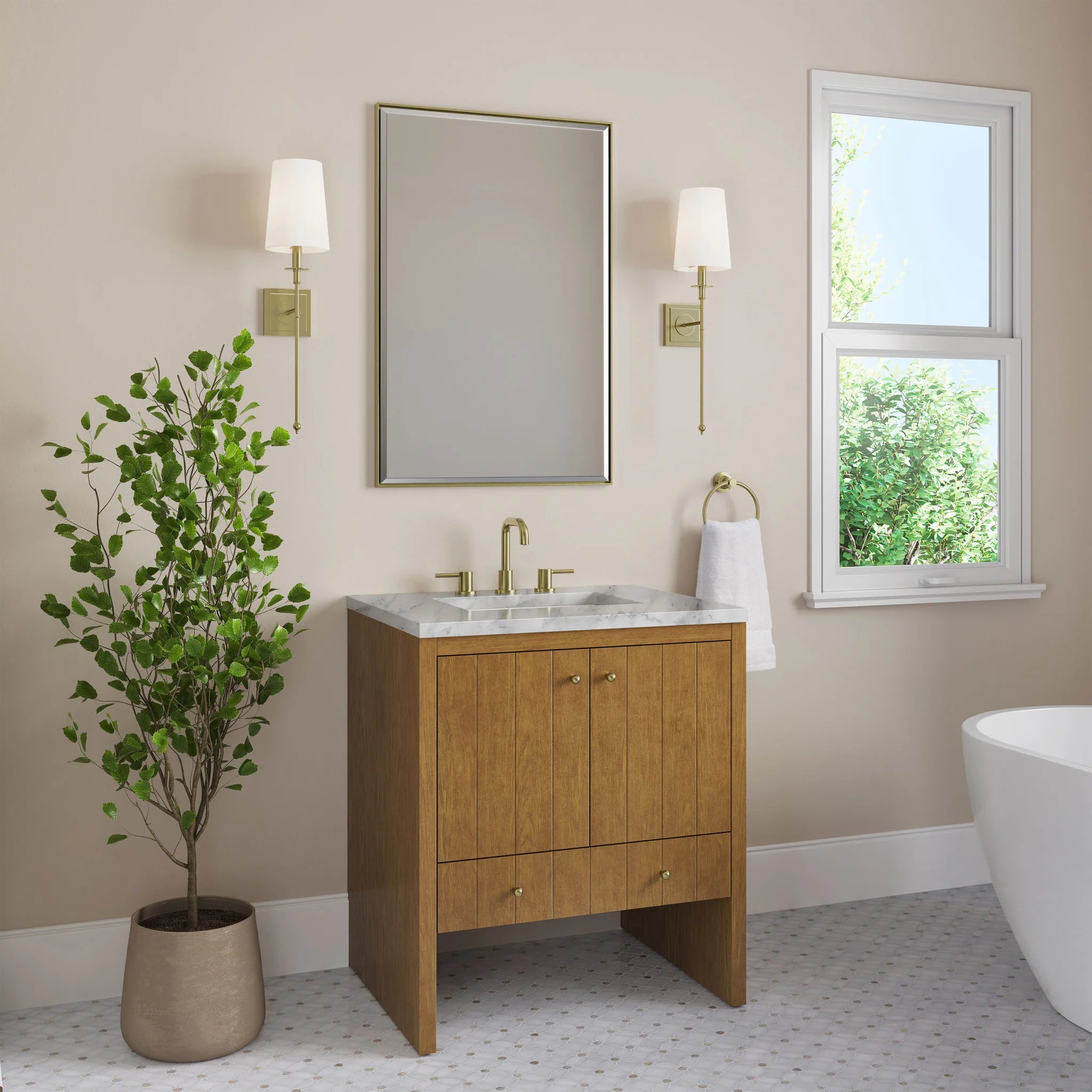 30" Hudson Single Vanity in Honey Oak by James Martin Vanities-Carrara White Marble 2