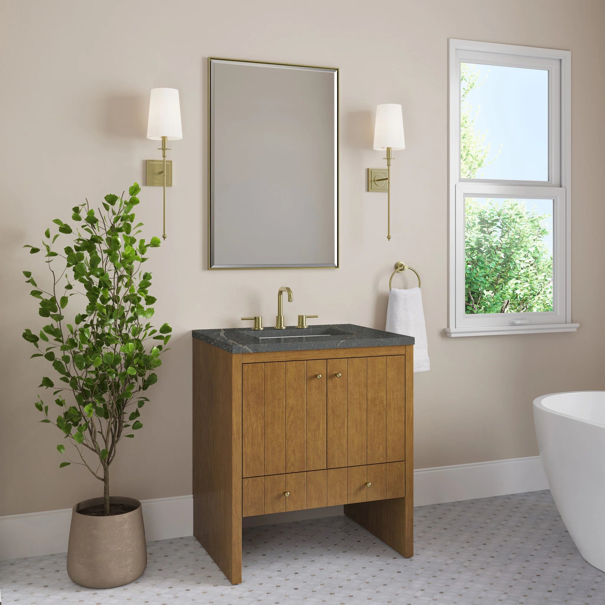 30" Hudson Single Vanity in Honey Oak by James Martin Vanities-Parisien Bleu Silestone 2