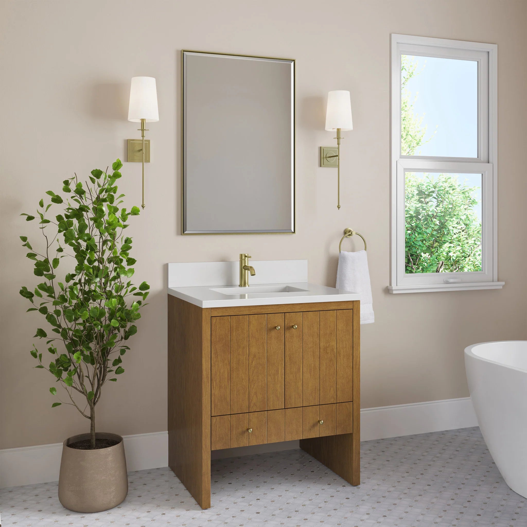30" Hudson Single Vanity in Honey Oak by James Martin Vanities-White Zeus Silestone & Backsplash 2