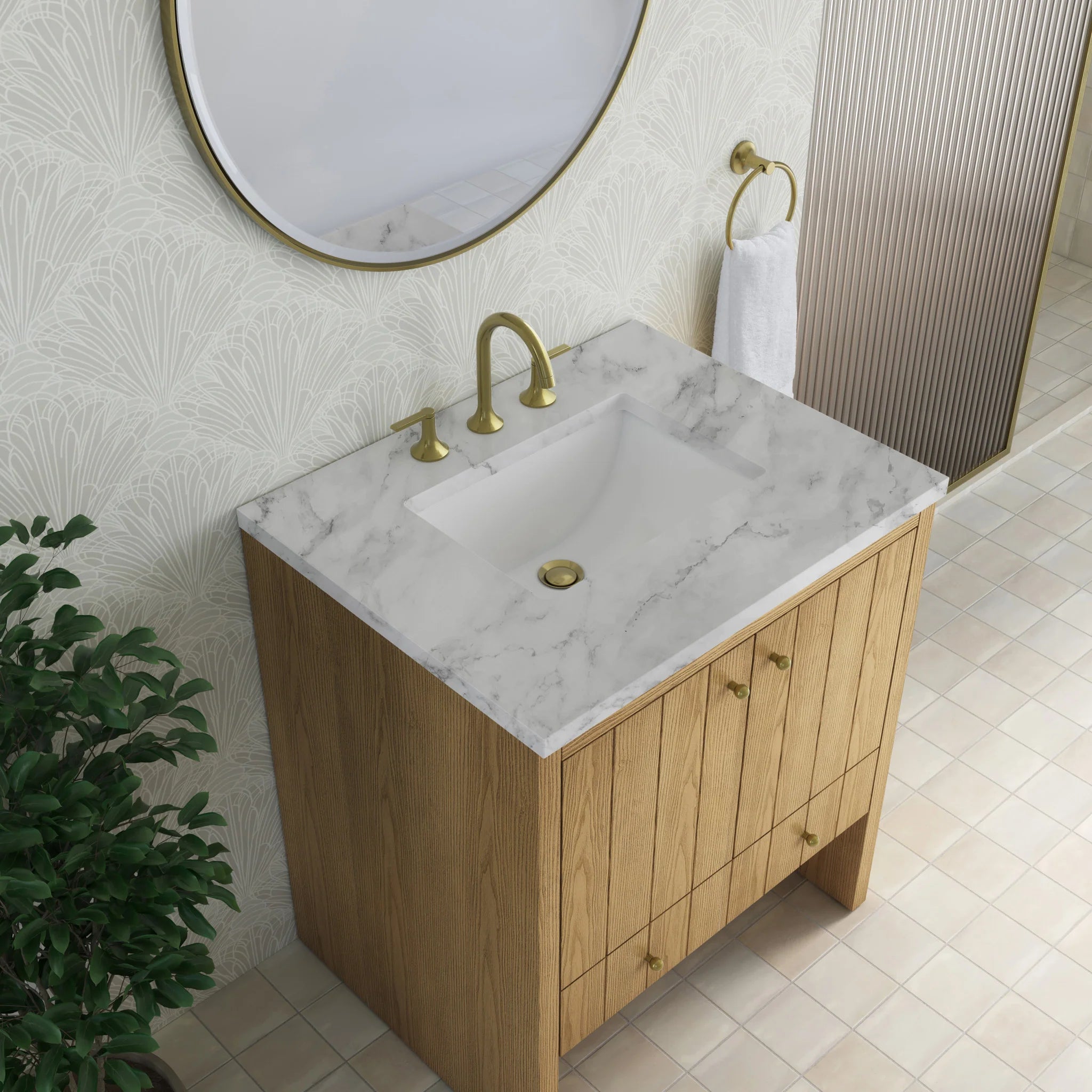 30" Hudson Single Vanity in Light Natural Oak by James Martin Vanities-Carrara White Marble 6