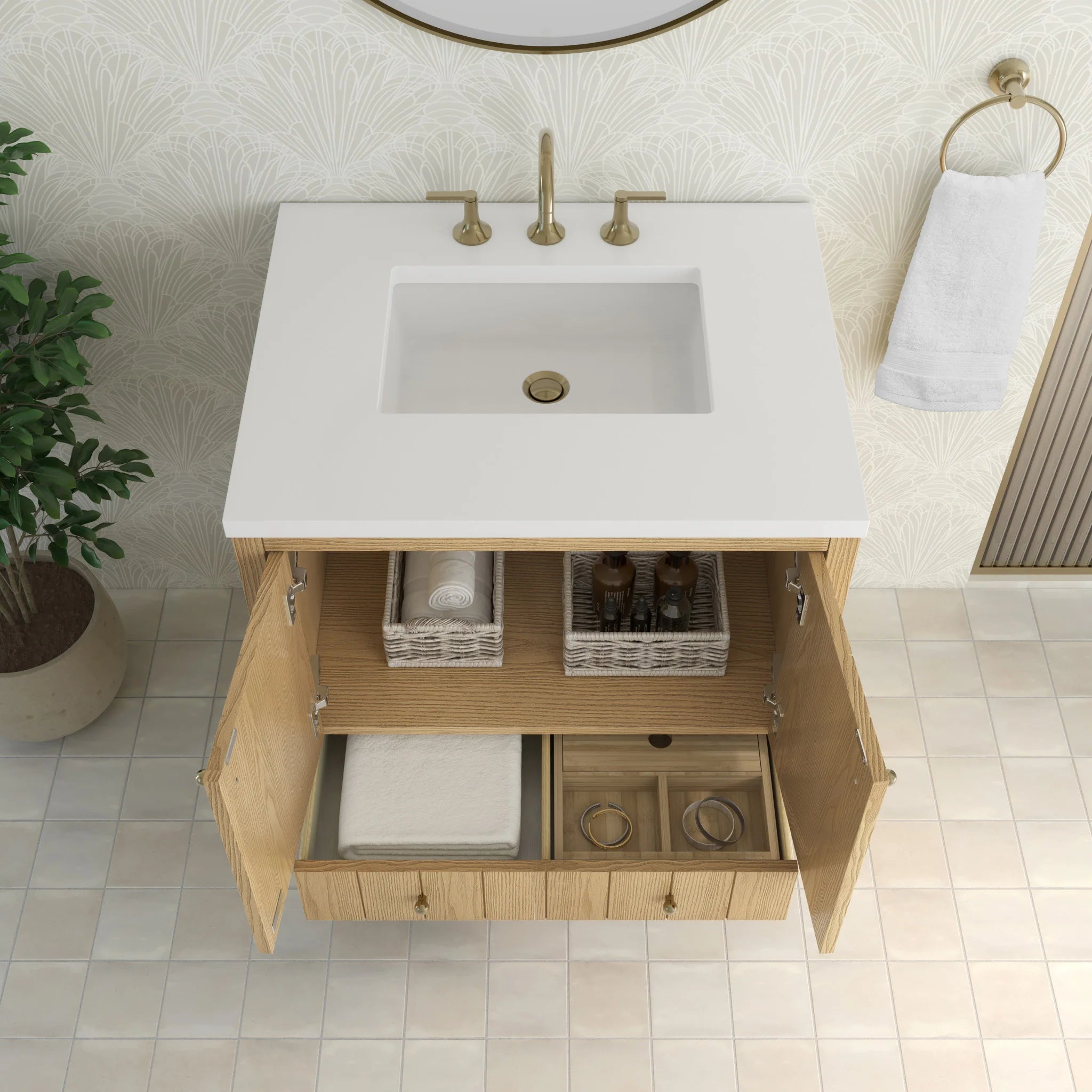 30" Hudson Single Vanity in Light Natural Oak by James Martin Vanities-White Zeus Silestone 8