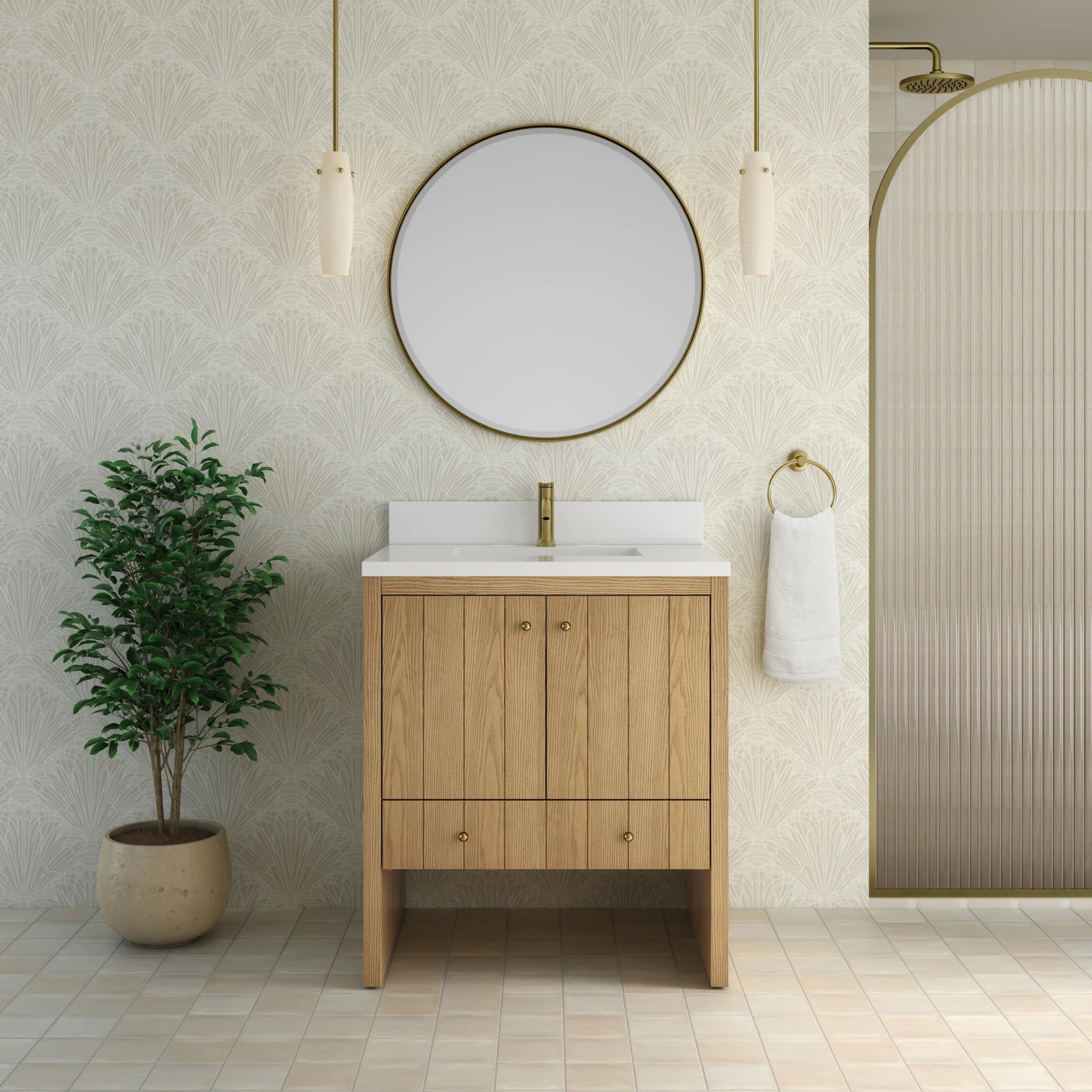 30" Hudson Single Vanity in Light Natural Oak by James Martin Vanities-White Zeus Silestone & Backsplash 2