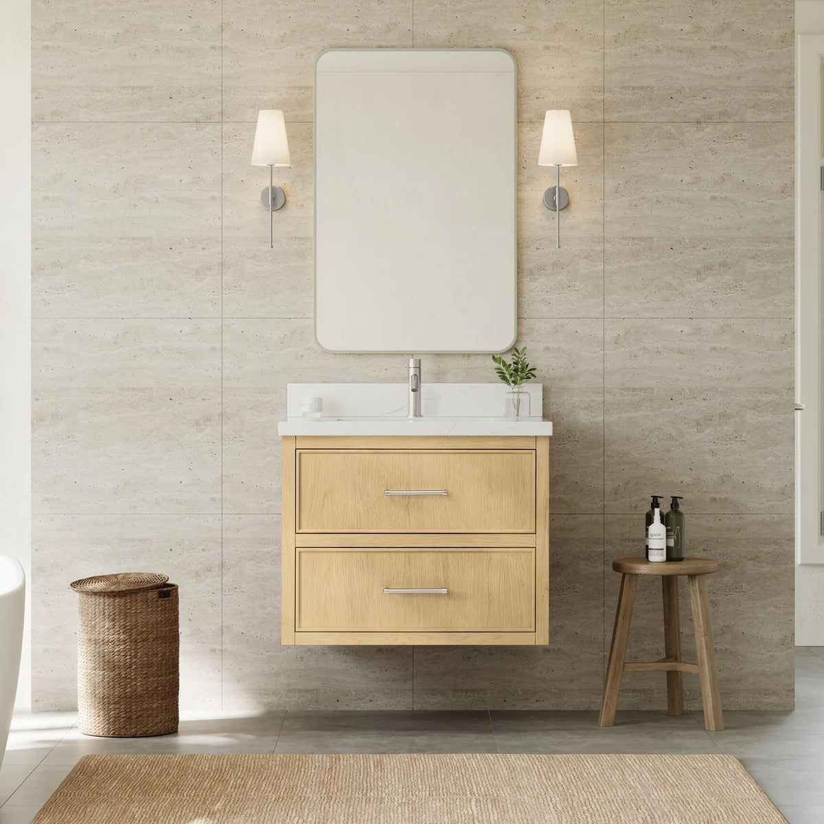 30" Isola Single Wall Mounted Bathroom Vanity Scandinavian Oak Brushed Nickel Trim by wyndham View 2
