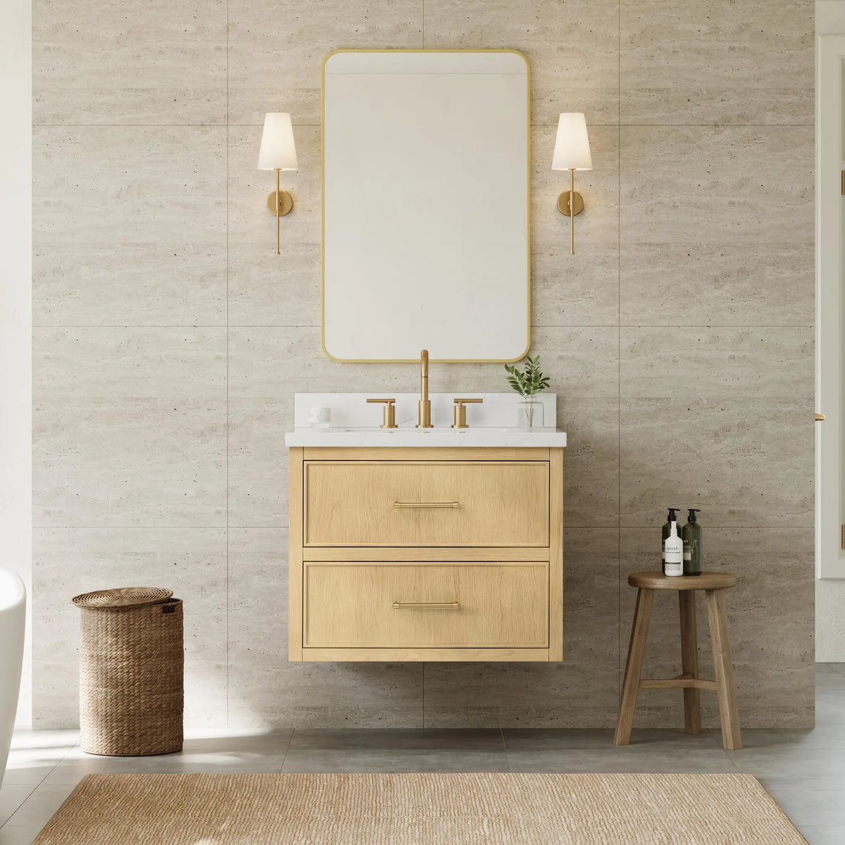 30" Isola Single Wall Mounted Bathroom Vanity Scandinavian Oak Satin Bronze Trim by wyndham View 6