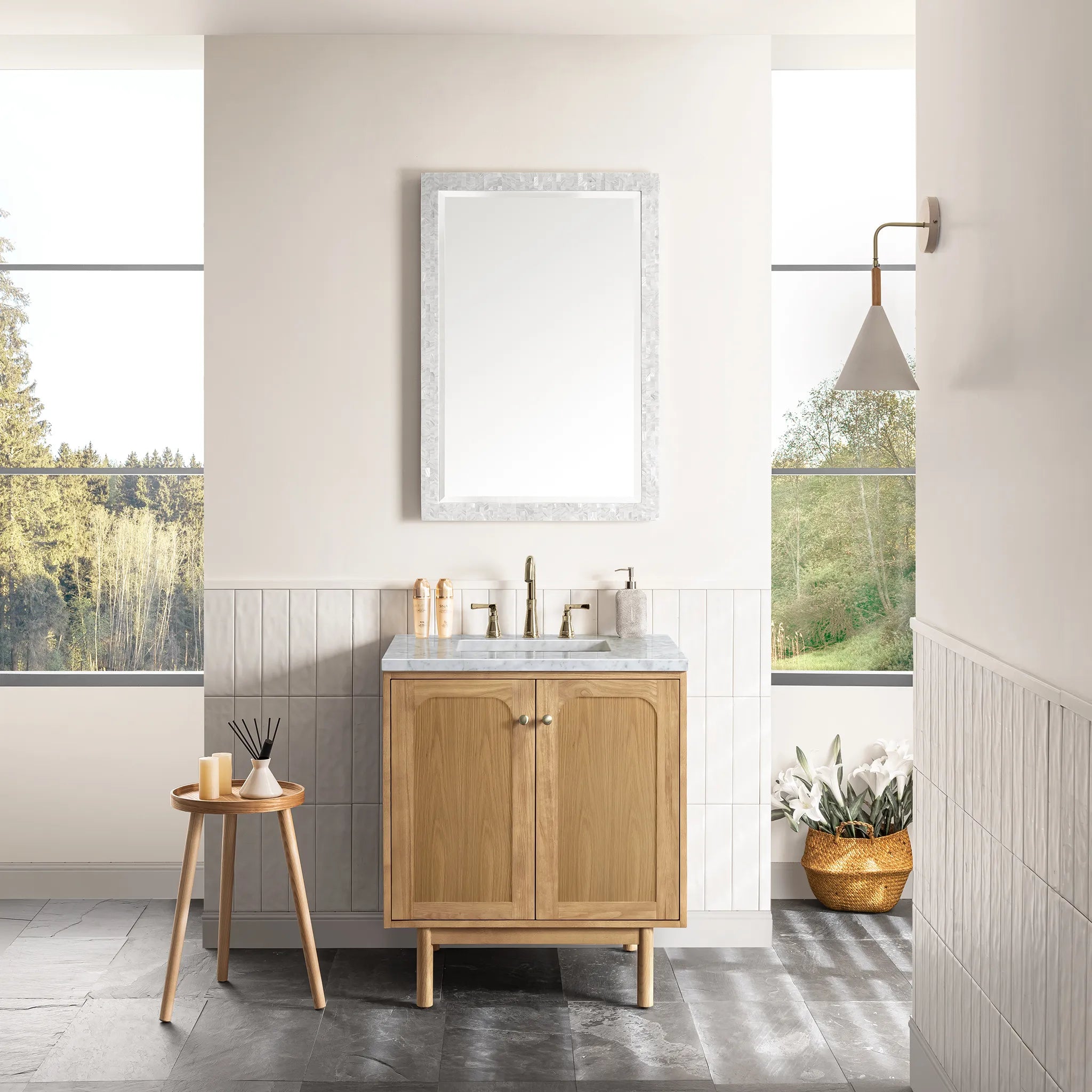 30" Laurent Single Vanity in Light Natural Oak-Carrara White Marble-8" Widespread image 2