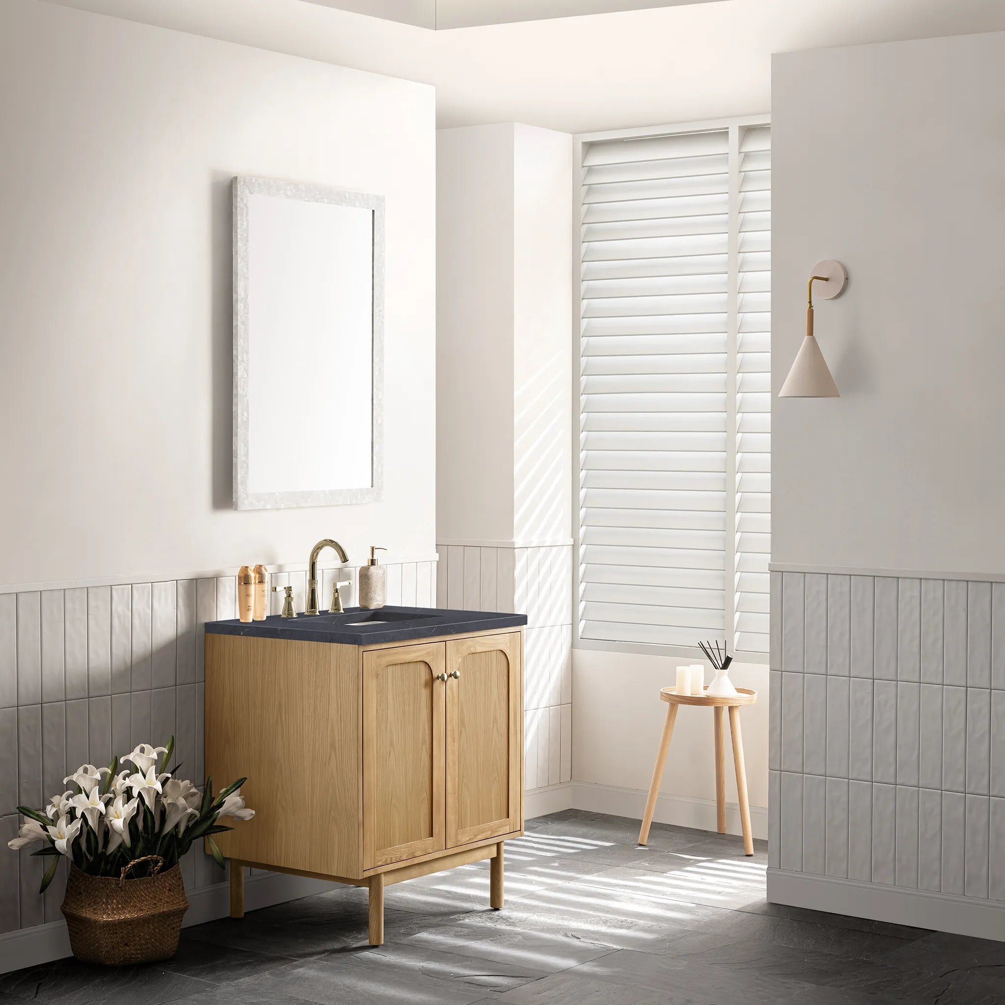 30" Laurent Single Vanity in Light Natural Oak-Charcoal Soapstone Silestone-8" Widespread image 4