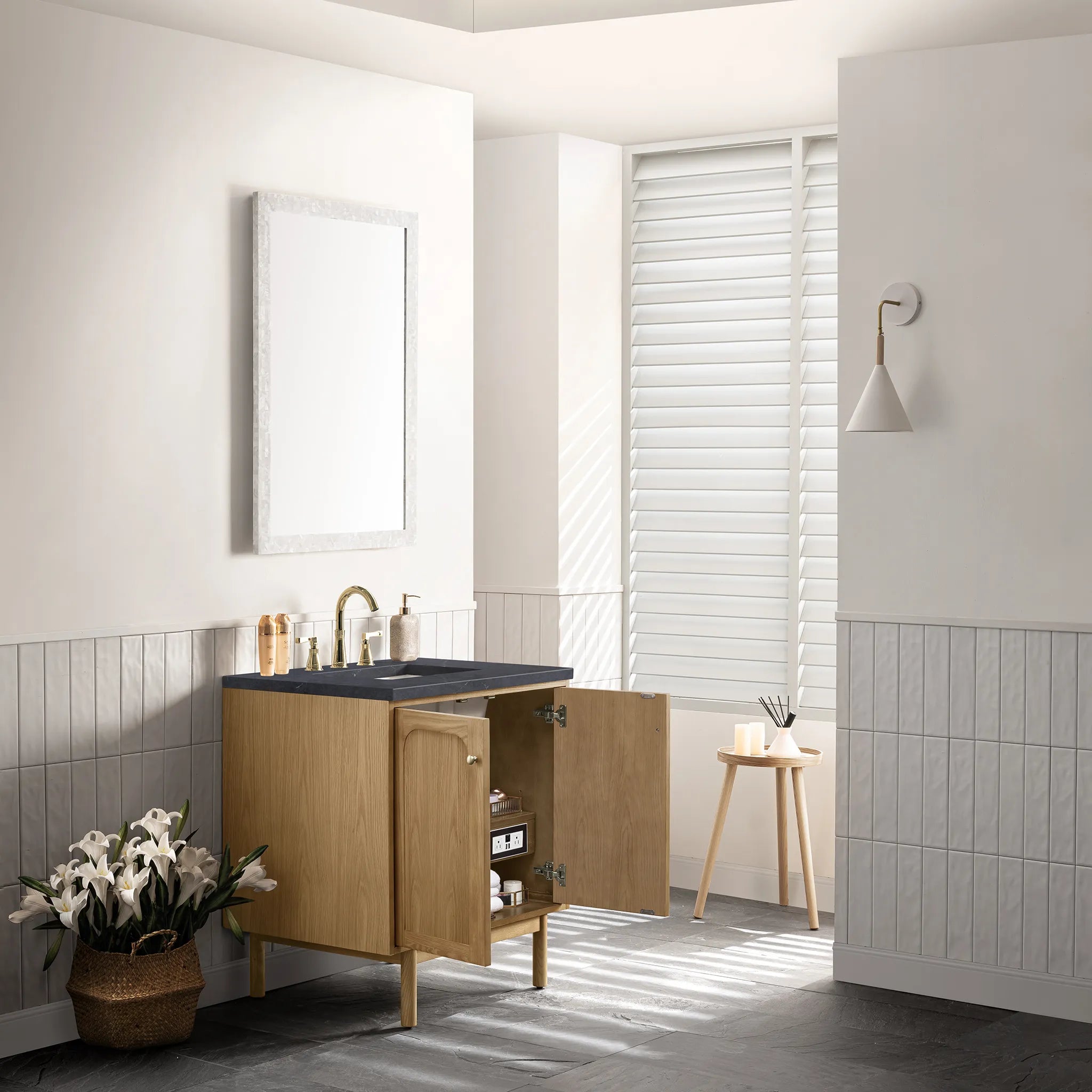 30" Laurent Single Vanity in Light Natural Oak-Charcoal Soapstone Silestone-8" Widespread image 6