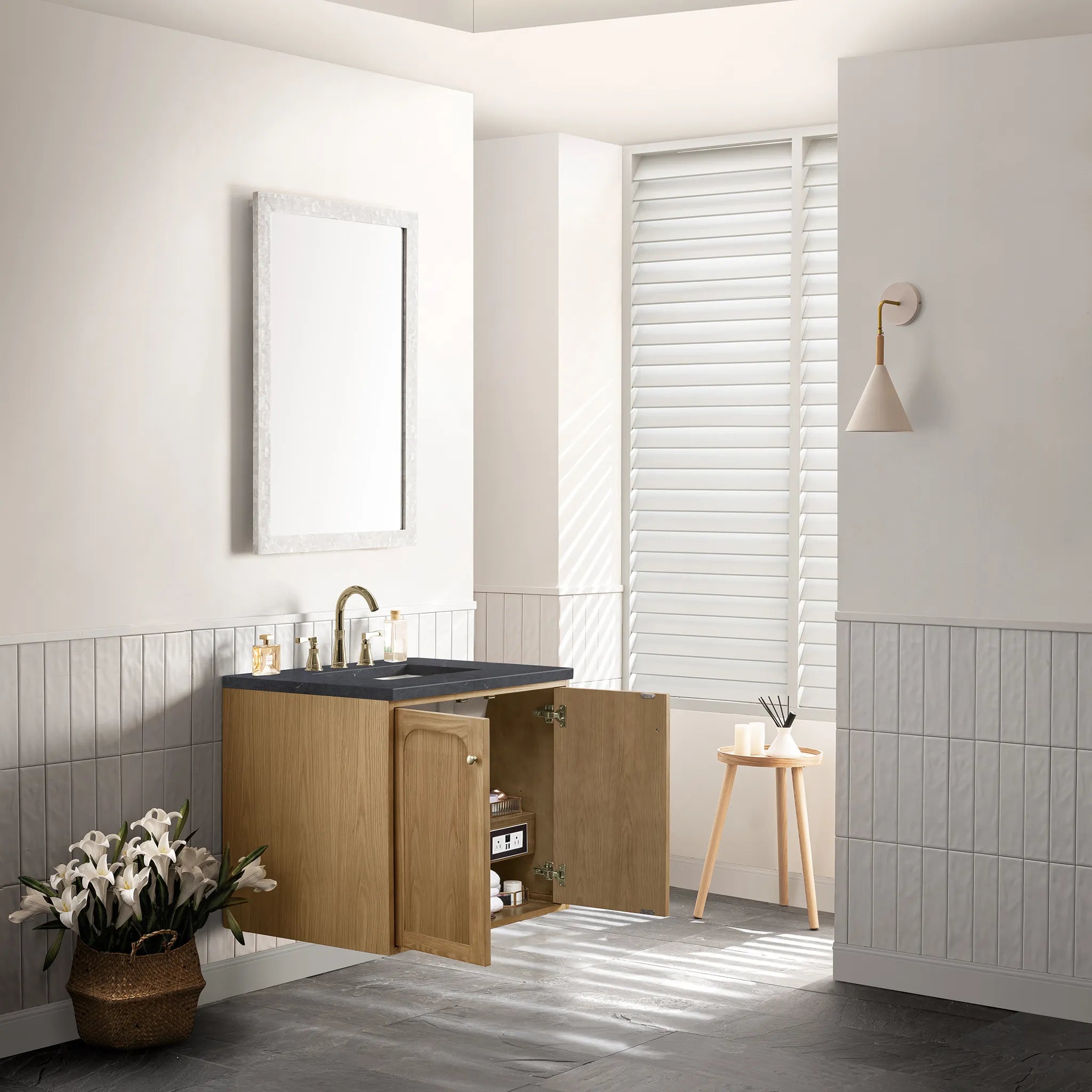 30" Laurent Single Vanity in Light Natural Oak-Charcoal Soapstone Silestone-8" Widespread image 7