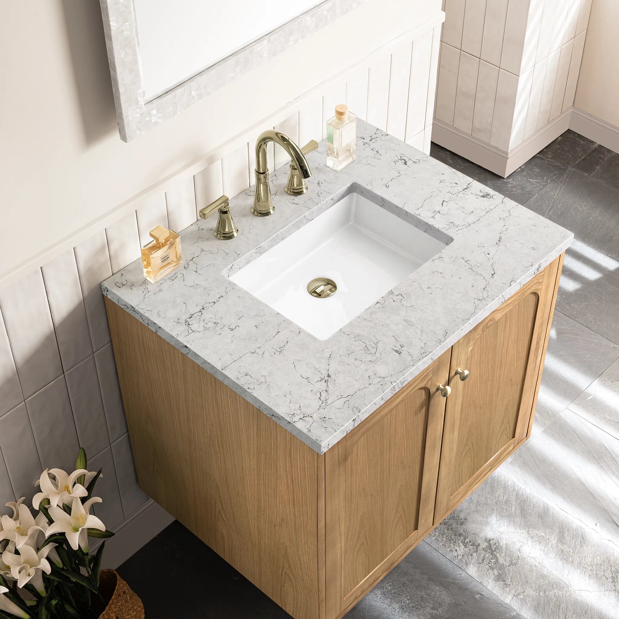 30" Laurent Single Vanity in Light Natural Oak-Eternal Jasmine Pearl Silestone-8" Widespread image 10