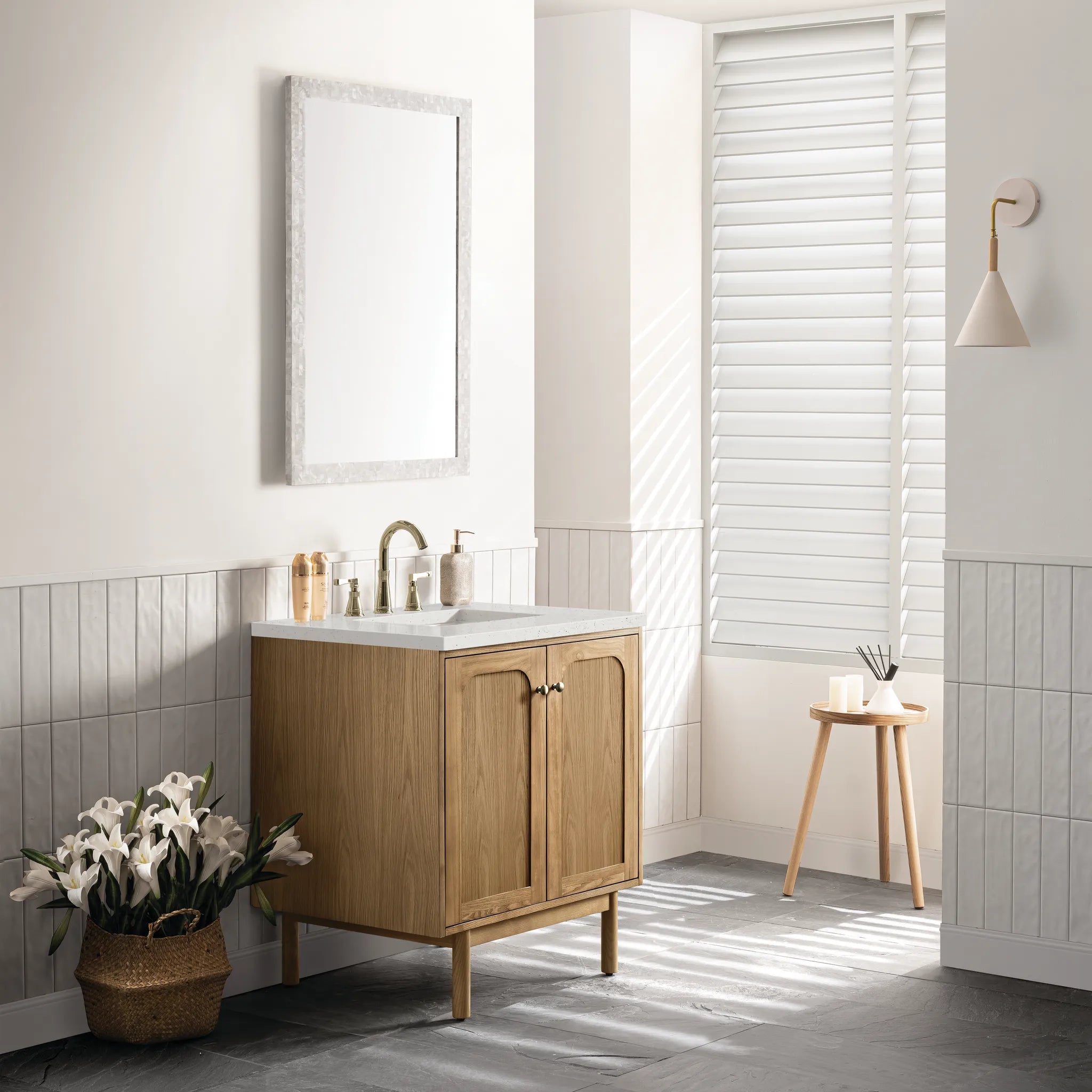 30" Laurent Single Vanity in Light Natural Oak-Lime Delight Silestone-8" Widespread image 4