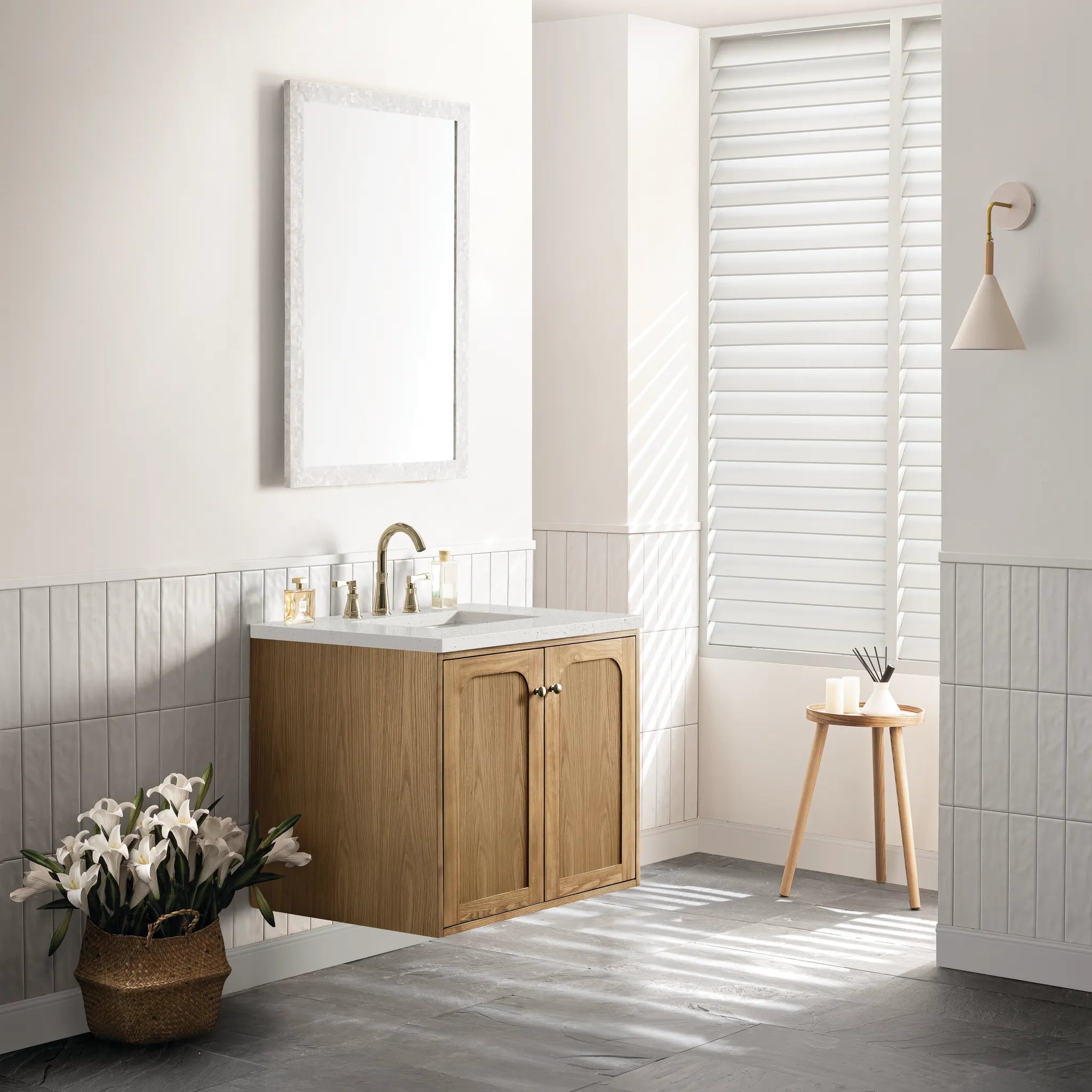 30" Laurent Single Vanity in Light Natural Oak-Lime Delight Silestone-8" Widespread image 5