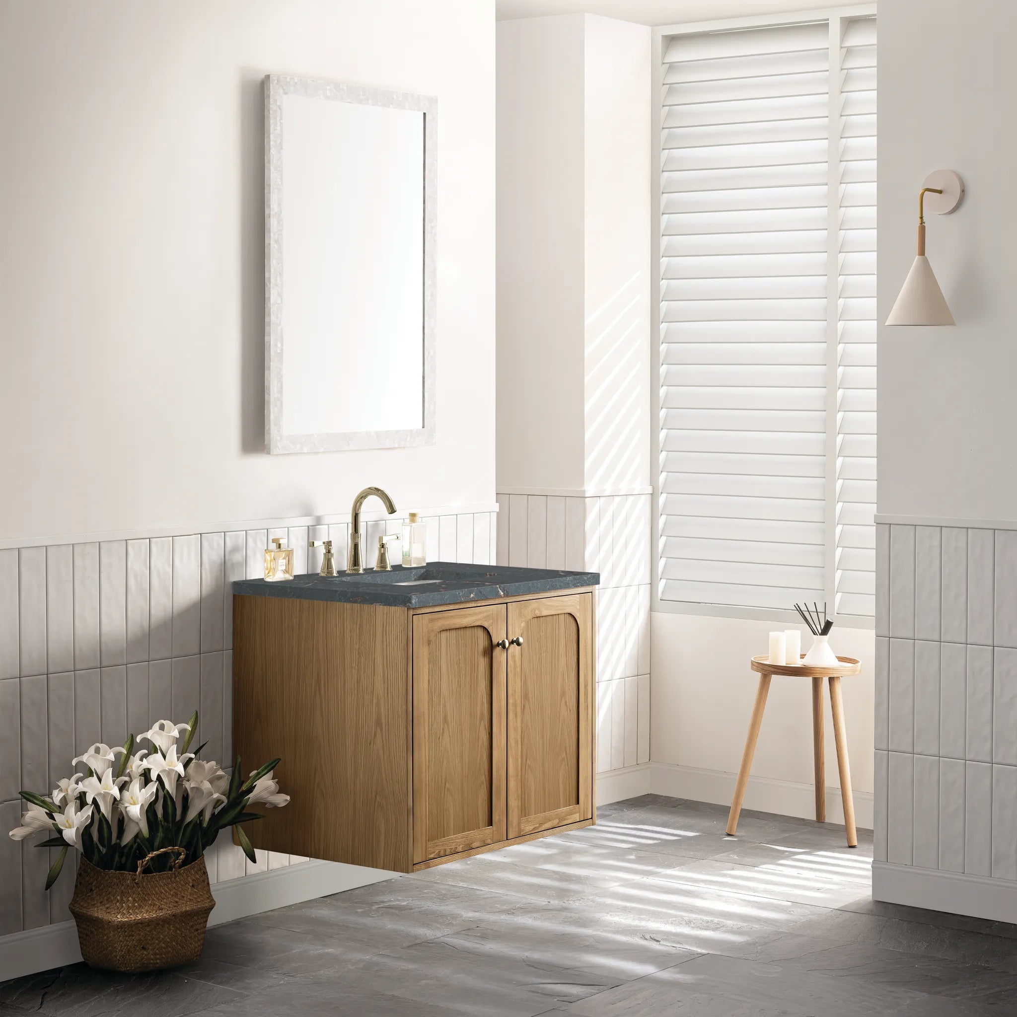 30" Laurent Single Vanity in Light Natural Oak-Parisien Bleu Silestone-8" Widespread image 5