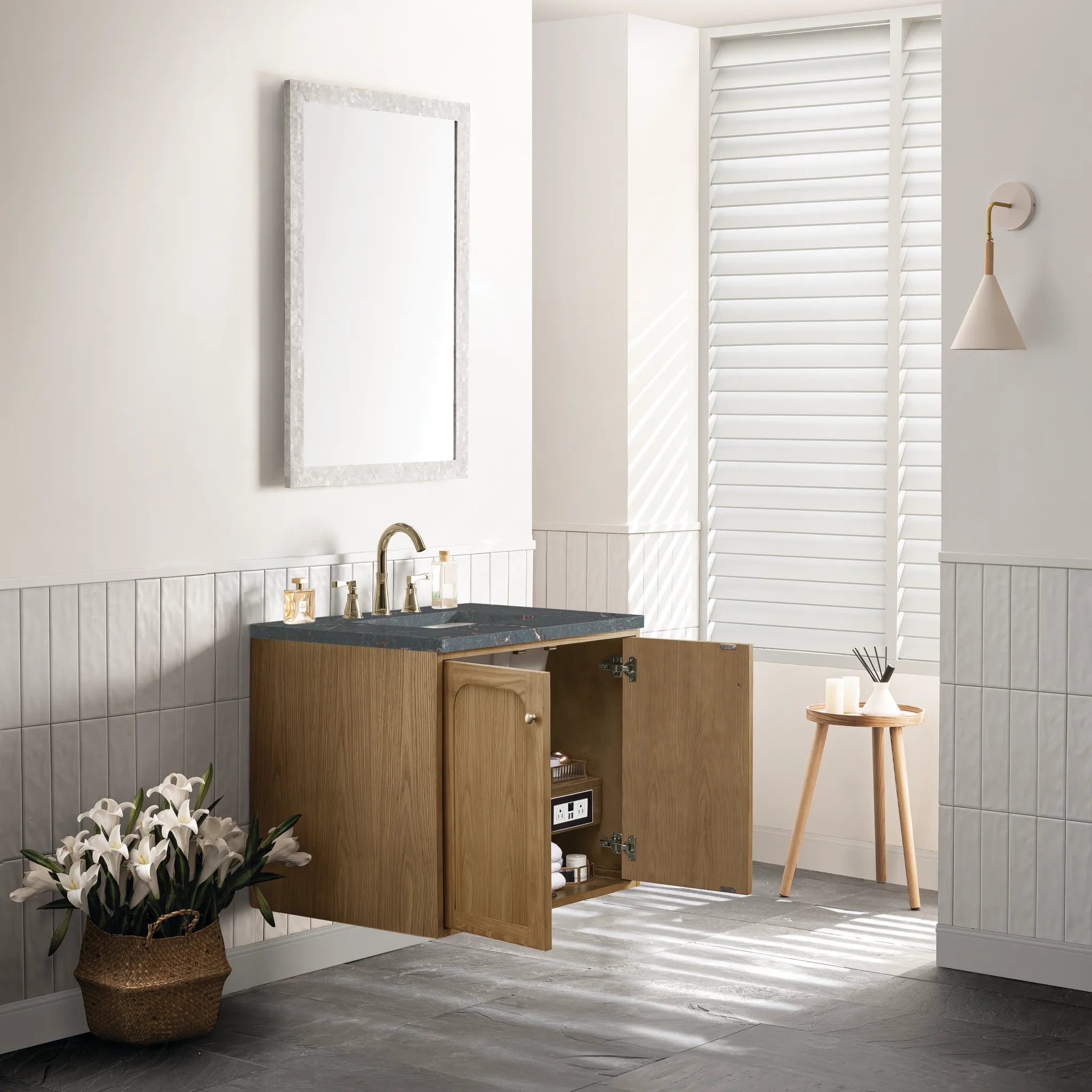 30" Laurent Single Vanity in Light Natural Oak-Parisien Bleu Silestone-8" Widespread image 7