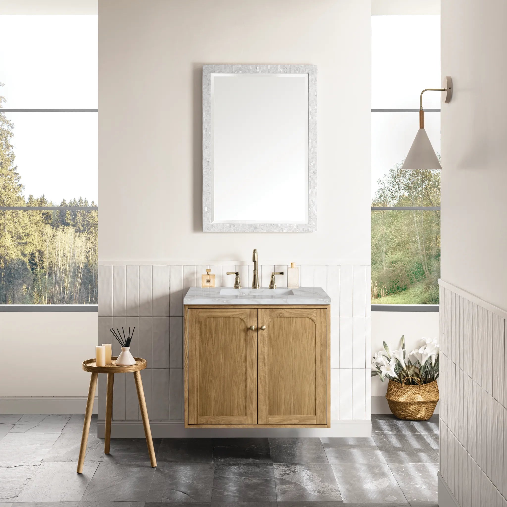 30" Laurent Single Vanity in Light Natural Oak-Victorian Silver Silestone-8" Widespread image 3