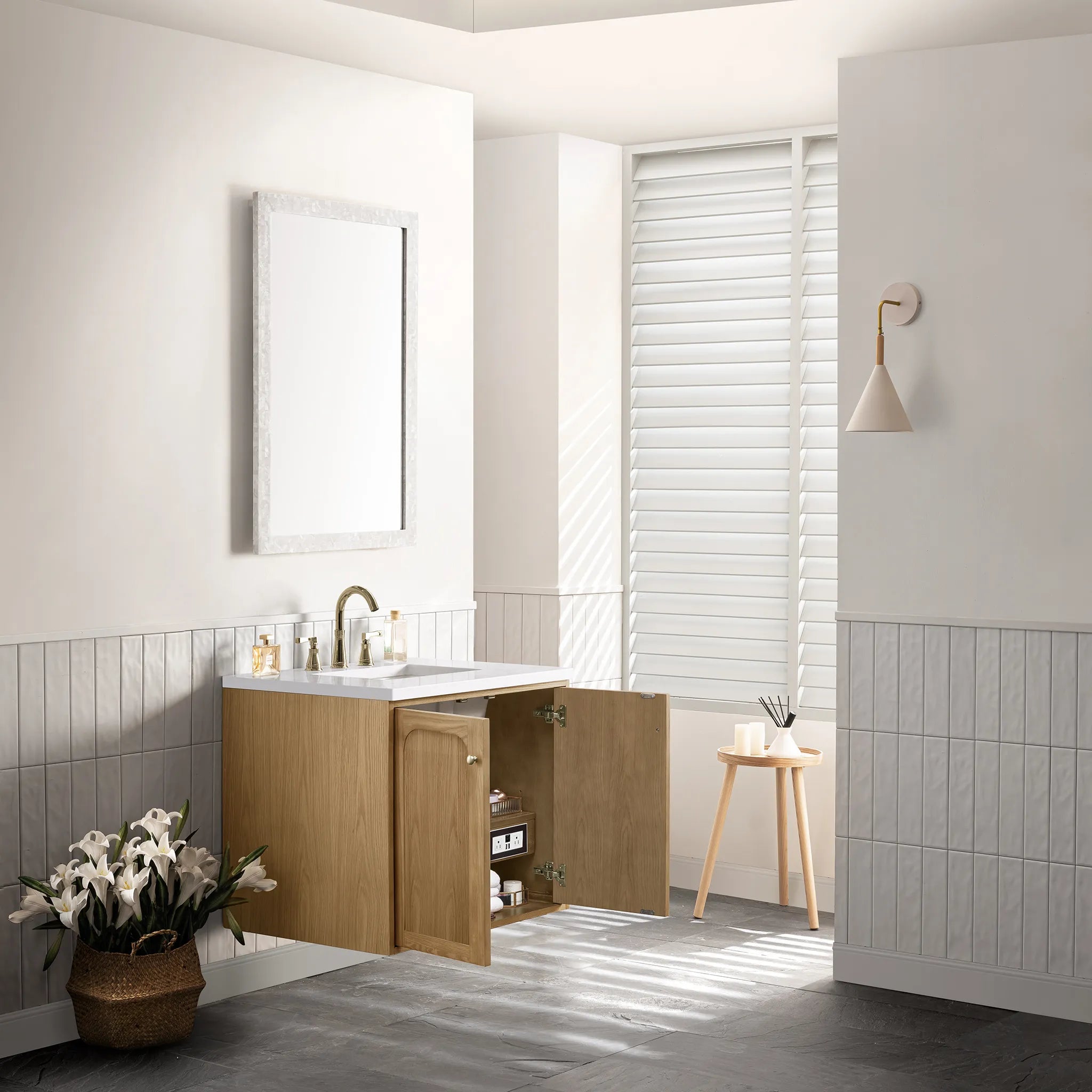 30" Laurent Single Vanity in Light Natural Oak-White Zeus Silestone-8" Widespread image 8