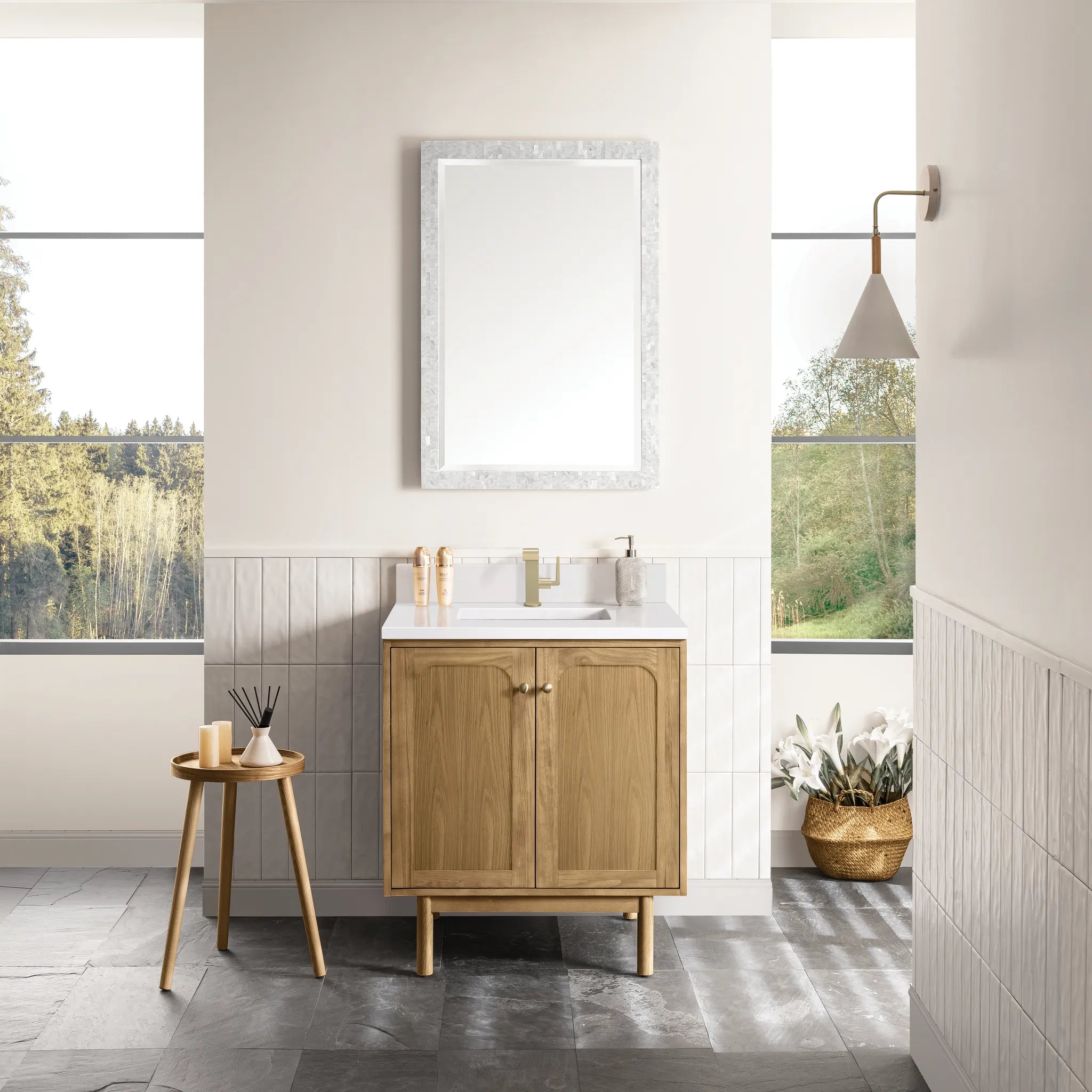 30" Laurent Single Vanity in Light Natural Oak-White Zeus Silestone & Backsplash-Single Hole image 2