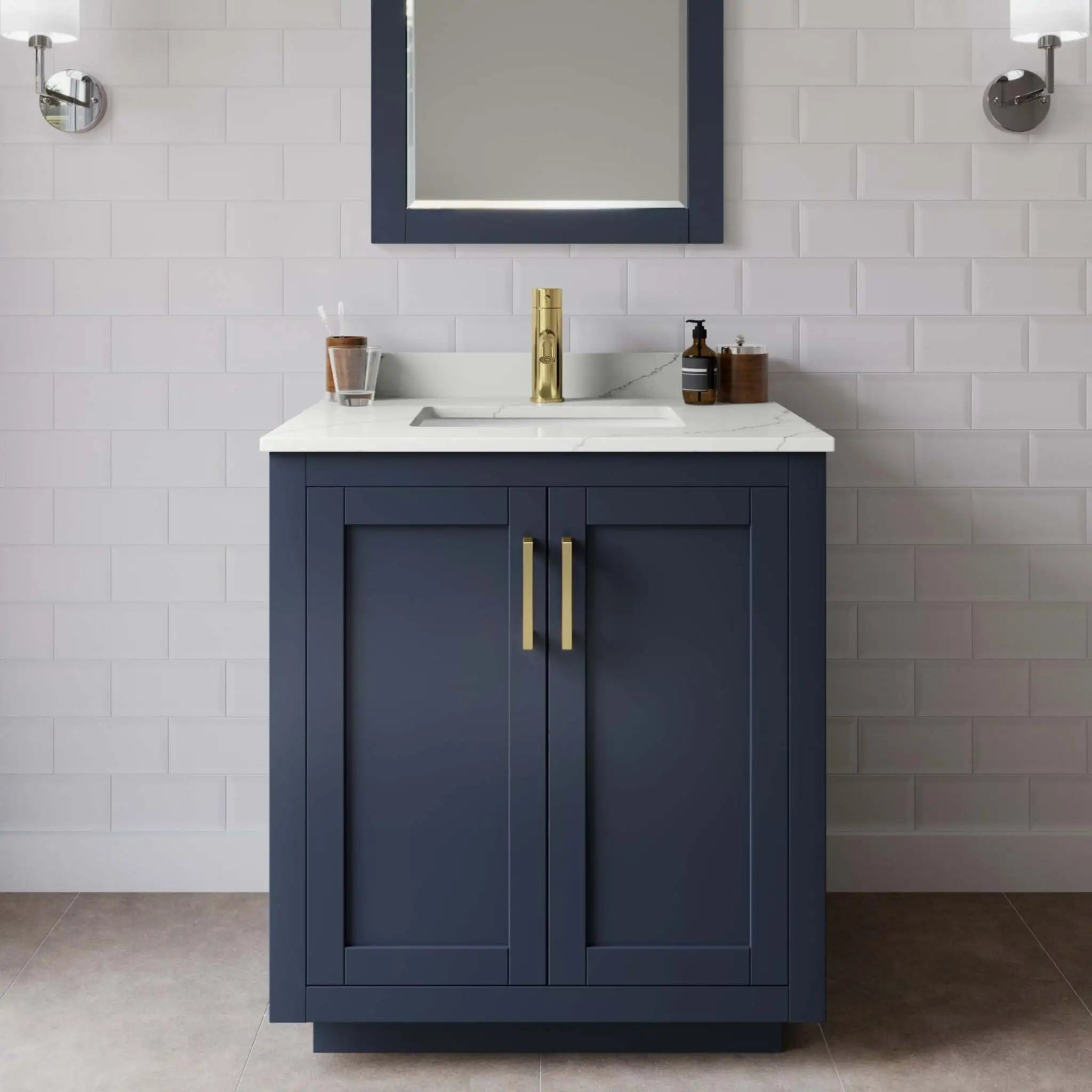 30" Miranda Single Bathroom Vanity in Dark Blue with Brushed Gold Trim & 24" Mirror by Wyndham