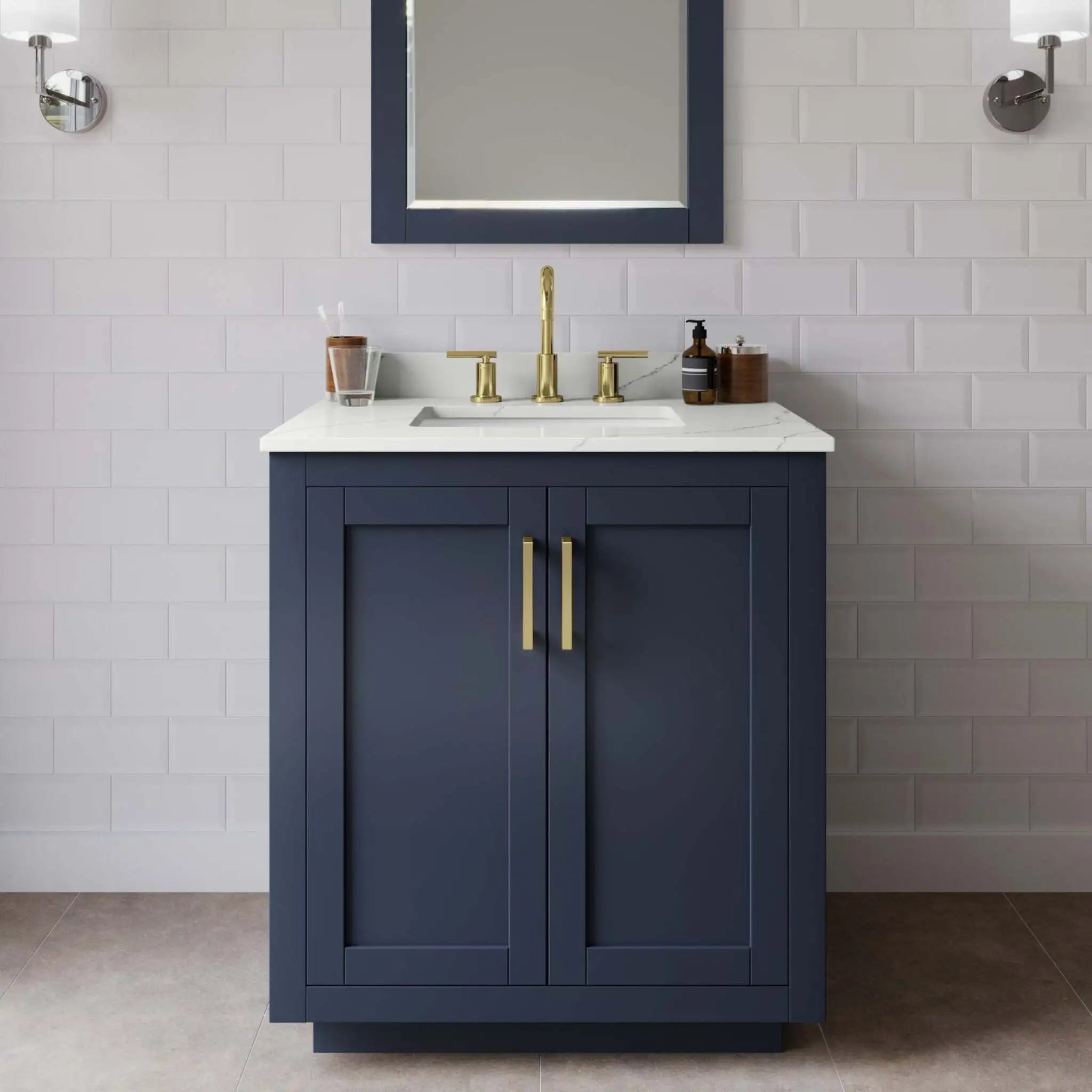30" Miranda Single Bathroom Vanity in Dark Blue with Brushed Gold Trim by Wyndham