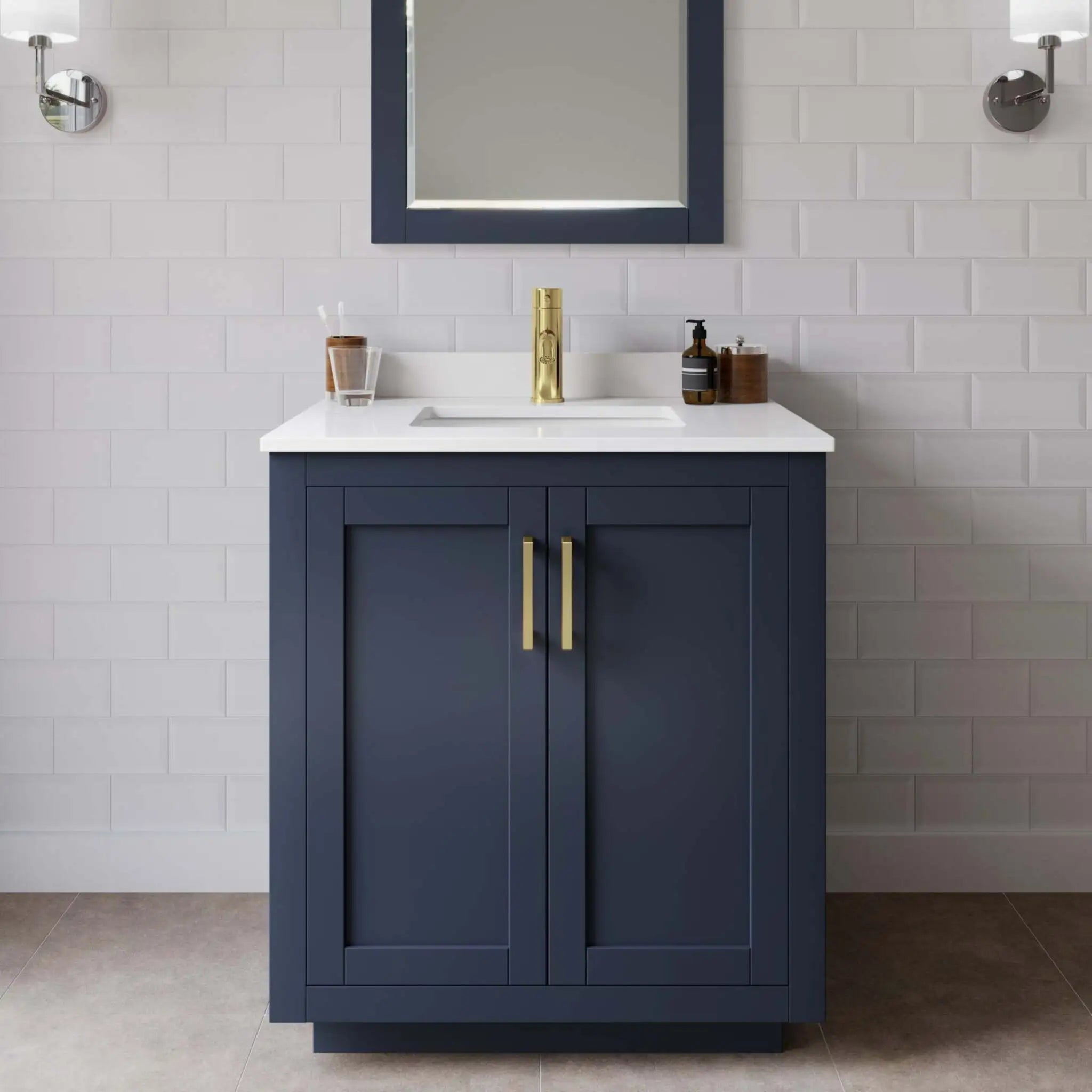30" Miranda Single Bathroom Vanity in Dark Blue with Brushed Gold Trim by Wyndham