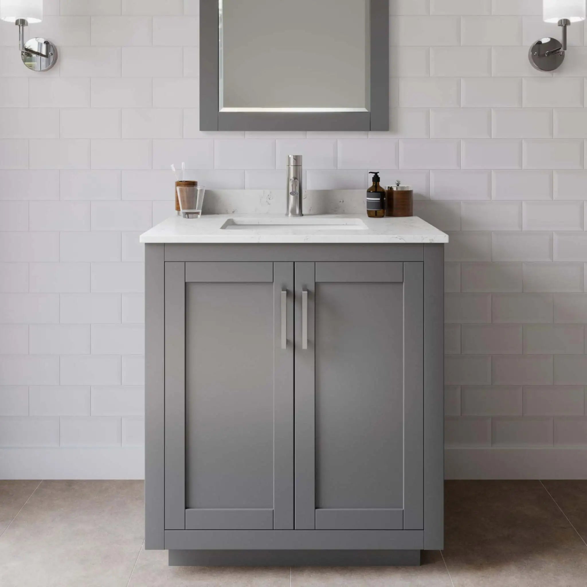 30" Miranda Single Bathroom Vanity in Dark Gray with Brushed Nickel Trim & 24" Mirror by Wyndham