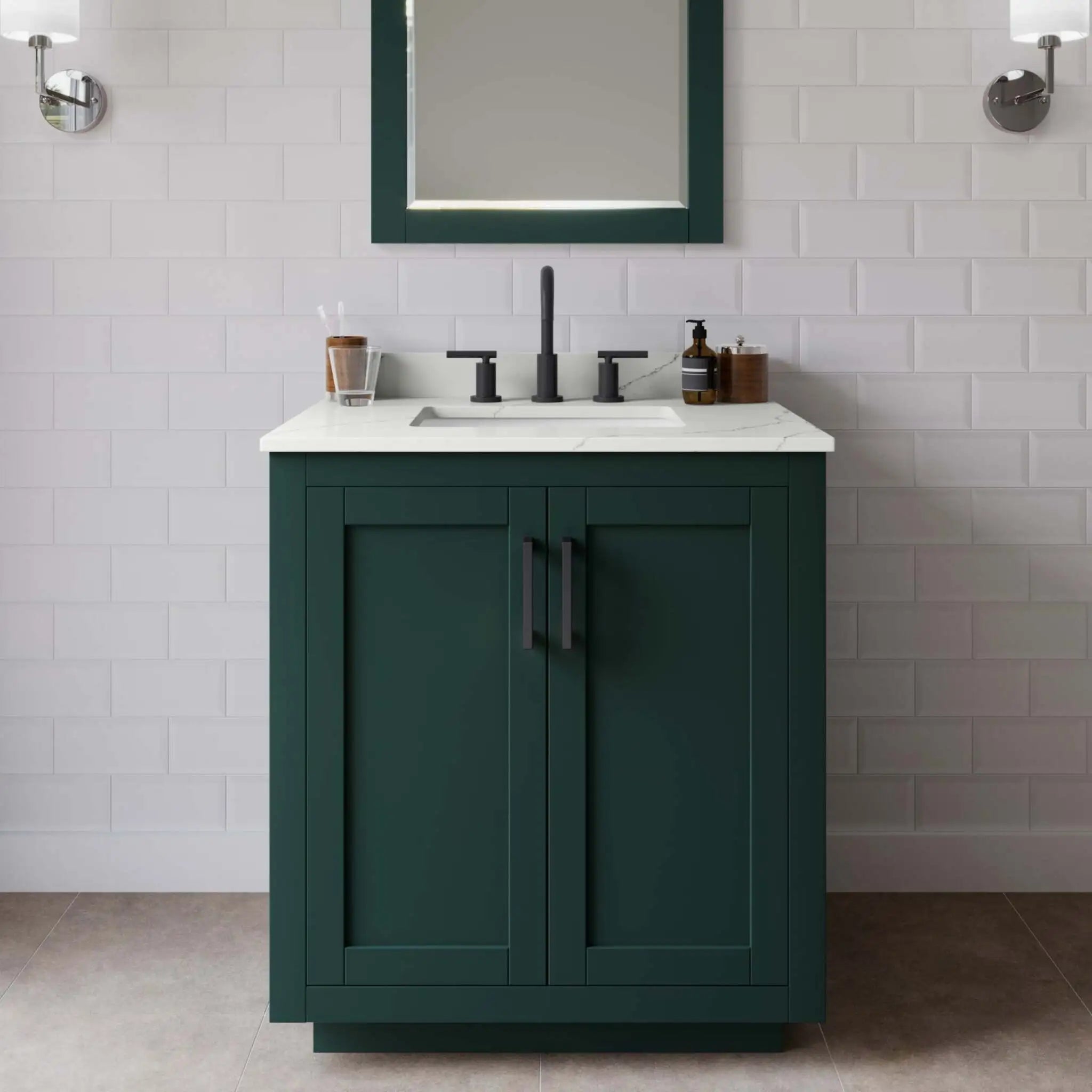30" Miranda Single Bathroom Vanity in Green with Matte Black Trim & 24" Mirror by Wyndham