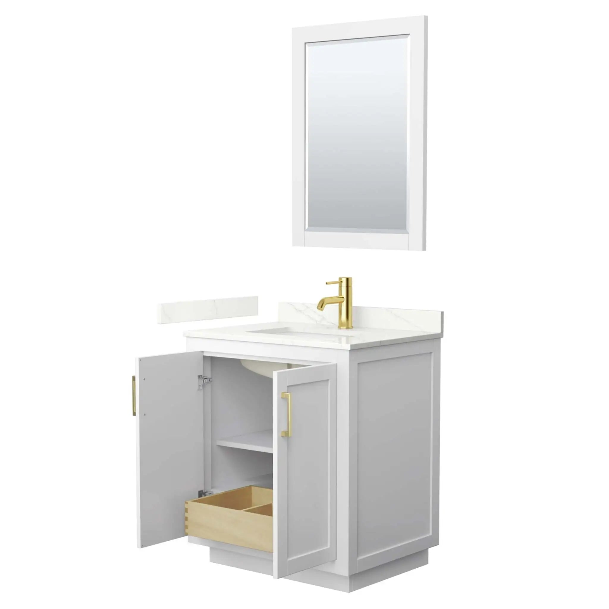 30" Miranda Single Bathroom Vanity in White with Brushed Gold Trim & 24" Mirror by Wyndham