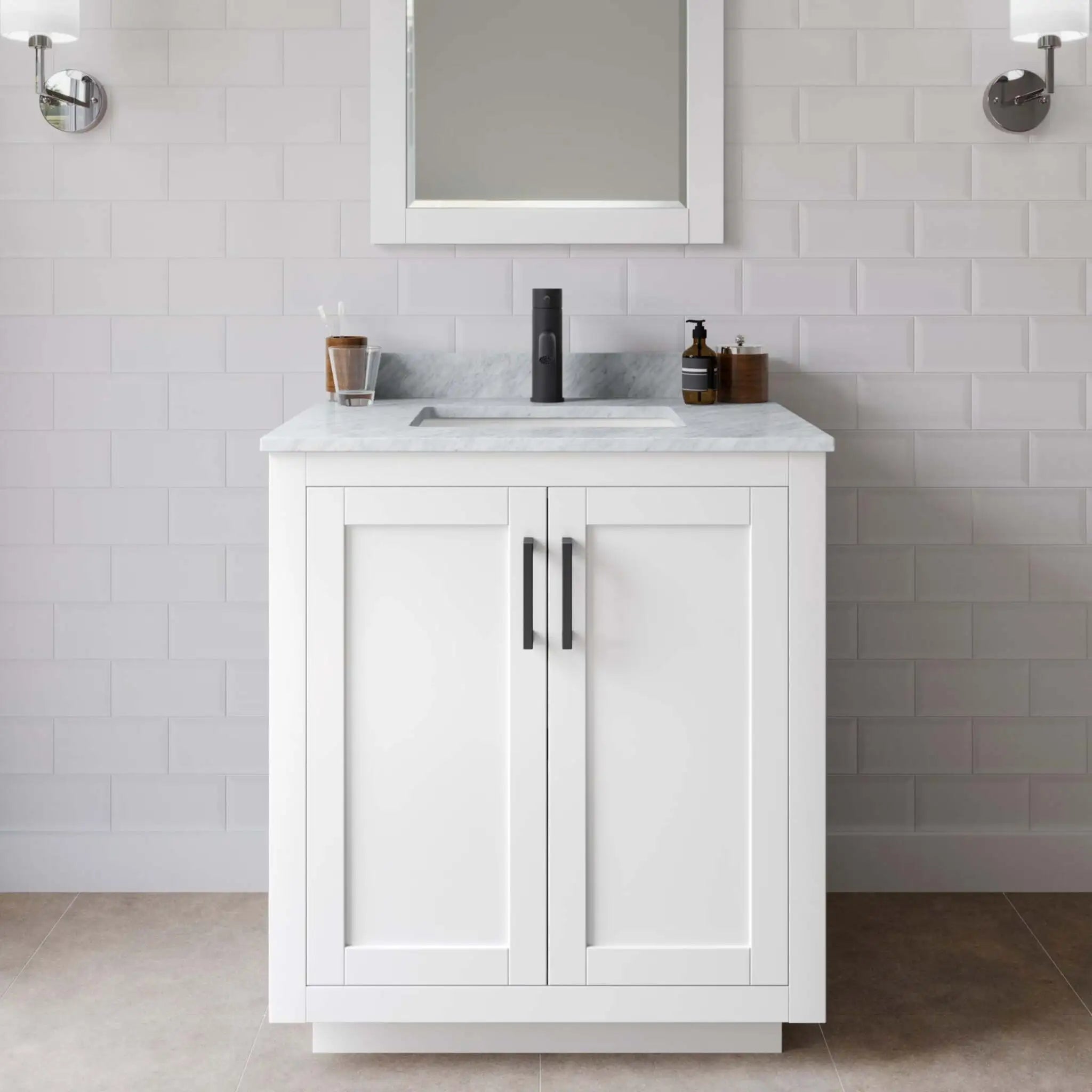 30" Miranda Single Bathroom Vanity in White with Matte Black Trim & 24" Mirror by Wyndham